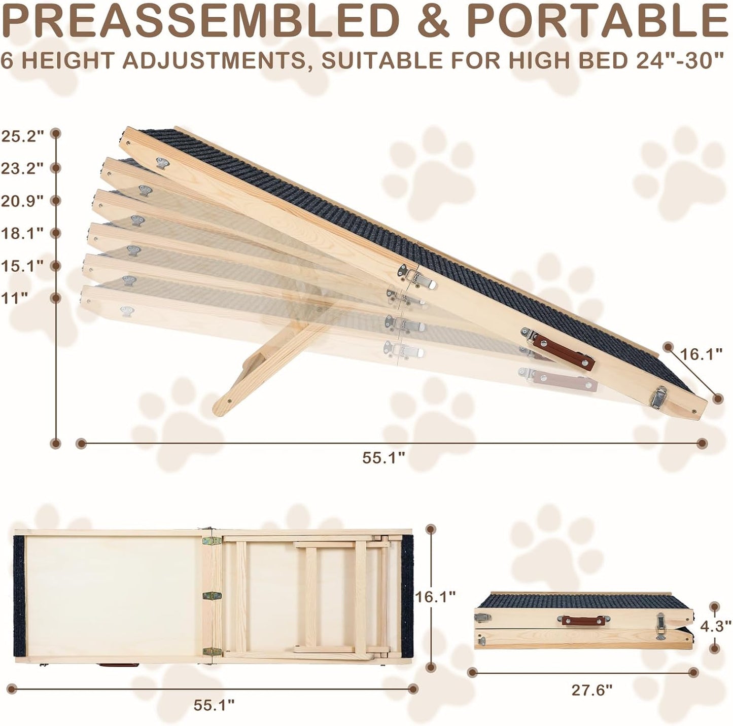 Folding Dog Ramp Safety, Wooden Adjustable Height Pet Ramps, Potable Dog Steps with Non-Slip Traction Mat, Dog Step for Bed, Dogs Stairs for SUV Car, Couch, Safe,Height Bed