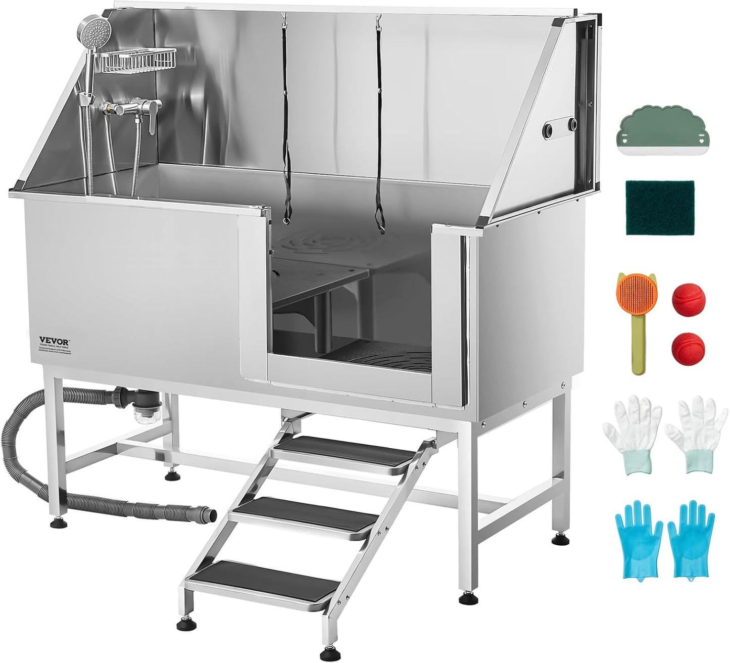 VEVOR Stainless Steel Dog Washing Station, 62 inch Pet Grooming Tub w/Stairs, PE Water Filter Board, Faucet & Showerhead & Soap Holder Dog Bathtub for Large & Medium & Small Pets (Right Door)