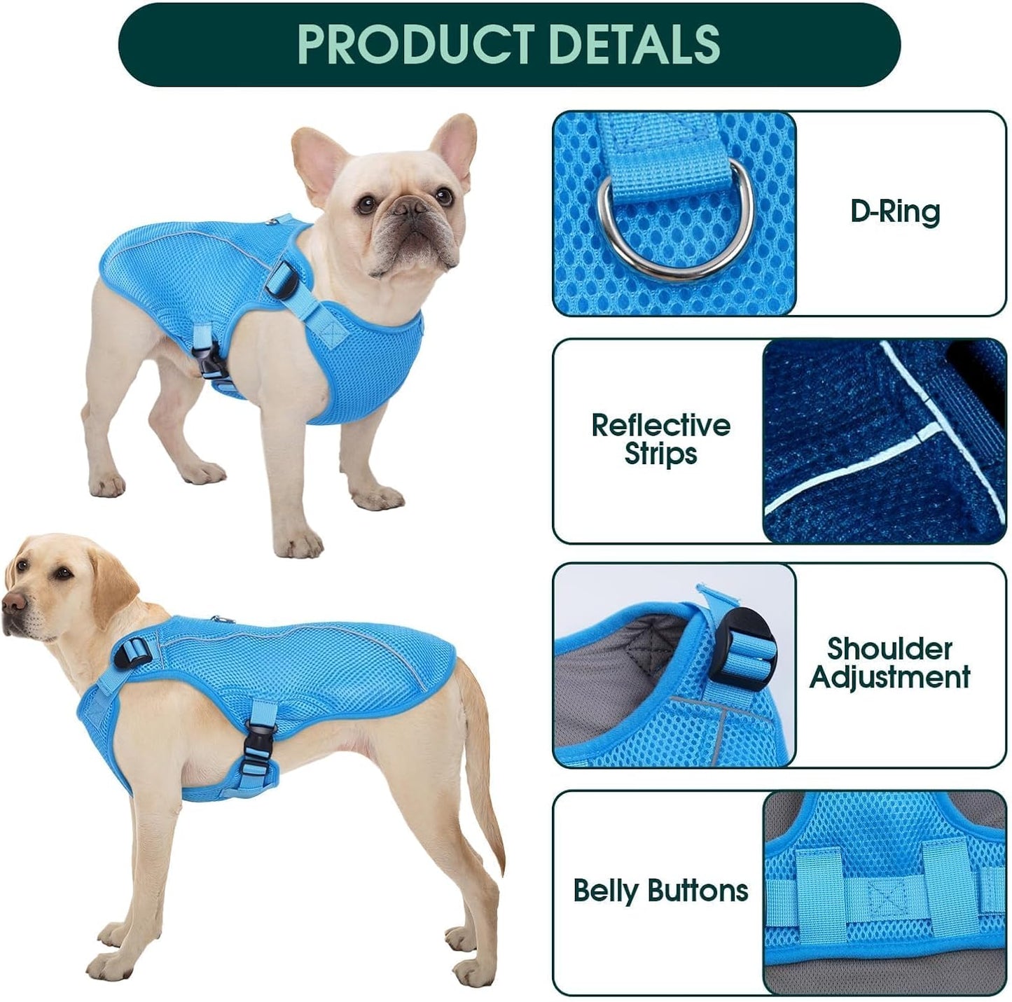 Kuoser Dog Cooling Vest for Large Dogs, Lightweight Doggie Cooler Jacket Breathable Mesh Pet Cooling Shirts Reflective Puppy Cool Harness for Beach, Hiking, Walking Blue XL