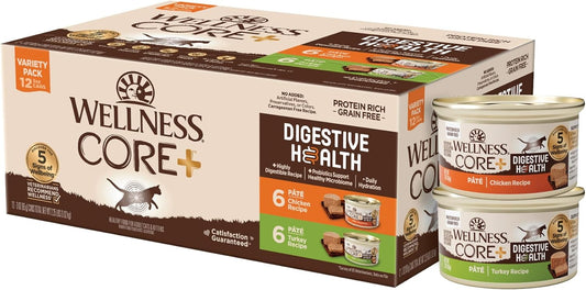 Wellness CORE+ Digestive Health Pate Adult Wet Cat Food, Natural, Protein-Rich, Grain Free, 3 Ounce, 12 Pack (Chicken & Turkey Variety Pack)