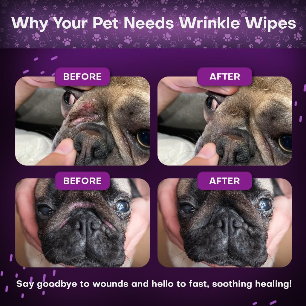 Wrinkle Wipes for Dogs | 3X Larger Dog Face Wipes for French Bulldog and Pug - Cleanse Skin Folds, Tear Stains, Tail Pockets | Anti-Itch, Soothing, & Hypoallergenic with Coconut Oil | 50 Count