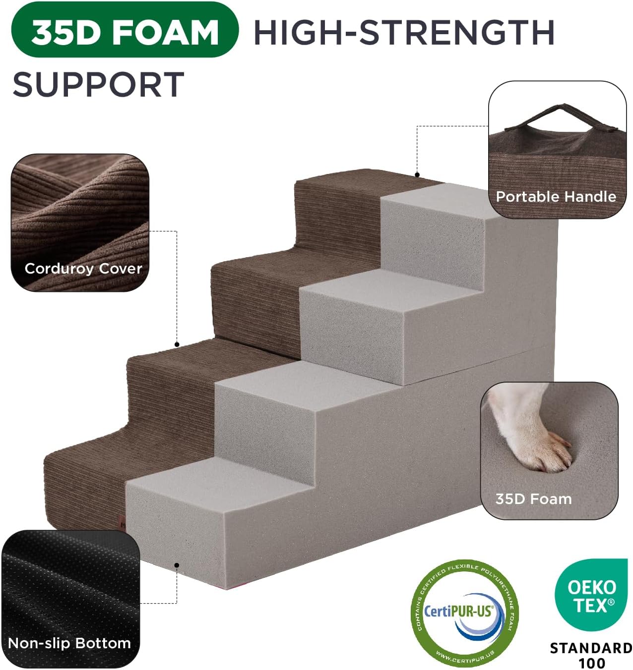 Made4Pets Dog Steps for Bed, Extra Wide Dog Stairs for High Bed Couch Sofa, 35D Foam Pet Steps for Small Dogs and Cats, Non-Slip Bottom Pet Stairs, Brown, 4 Steps