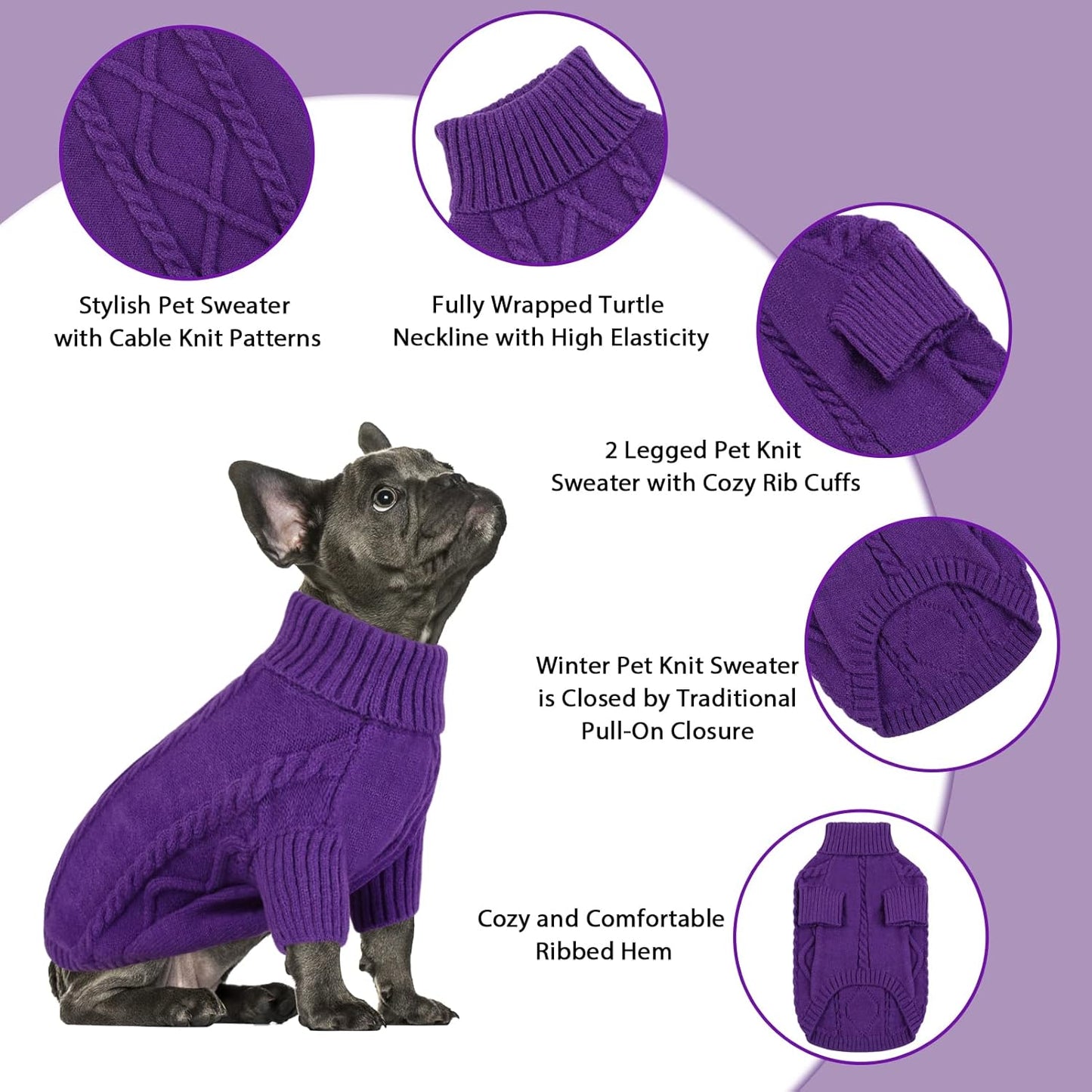 Queenmore Small Dog Pullover Sweater, Cold Weather Cable Knitwear, Classic Turtleneck Thick Warm Clothes for Chihuahua, Bulldog, Dachshund, Pug (Purple, X-Small)