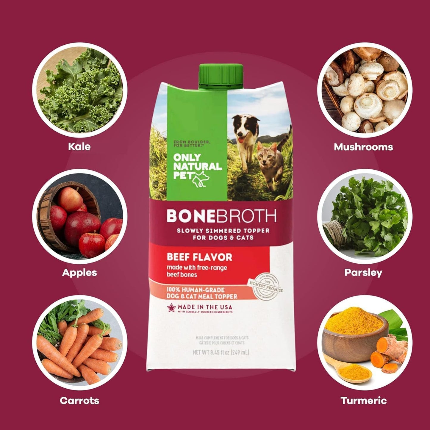 Only Natural Pet Bone Broth Beef Flavor Dog & Cat Meal Topper, 100% Human-Grade Slow-Simmered, Free-Range for Dry Food or to Hydrate Dehydrated Food - (12-Pack / 11.16 oz Each)