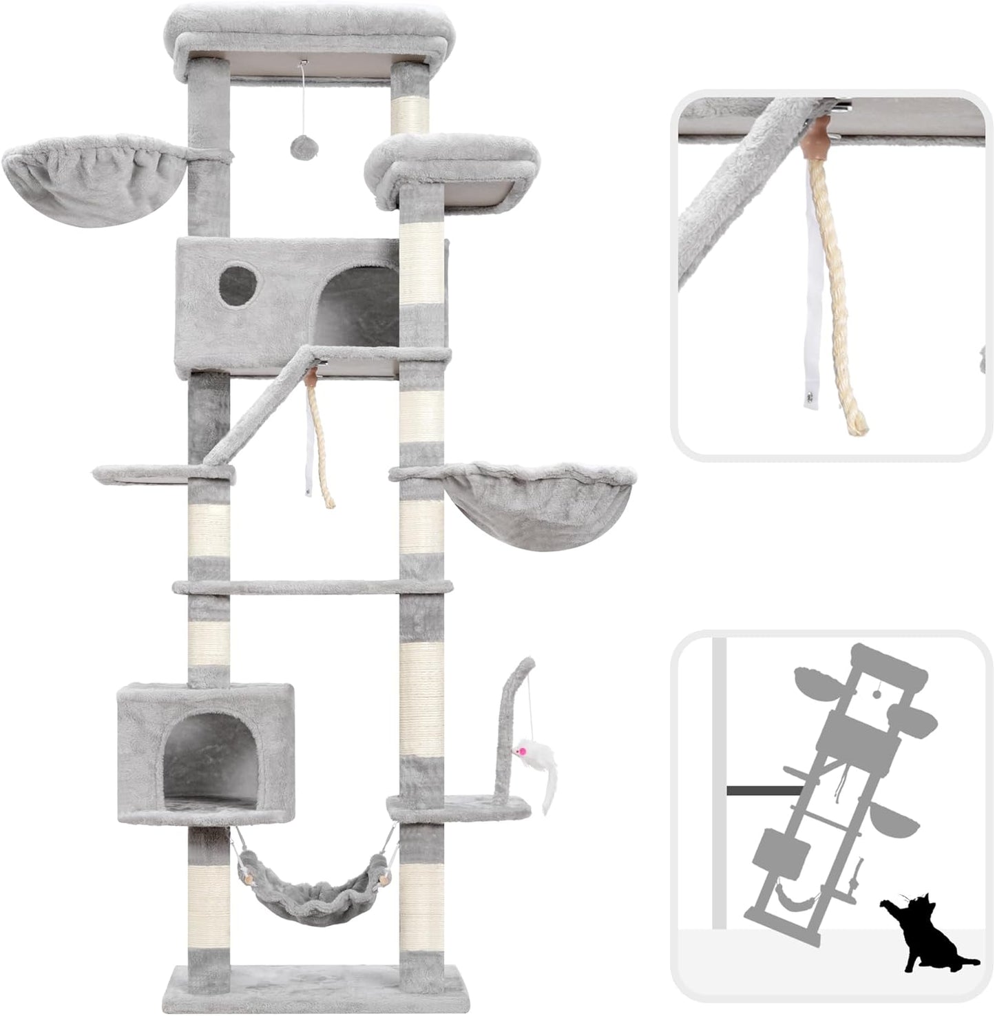 Cat Tree for Large Cats, 78.7"(200cm) Tall Cat Tower for Indoor Cats Multiple Cats with Large Top Perch, Cat Condo, Cat Hammcok, Cat Scratching Post, Light Gray GCT031W
