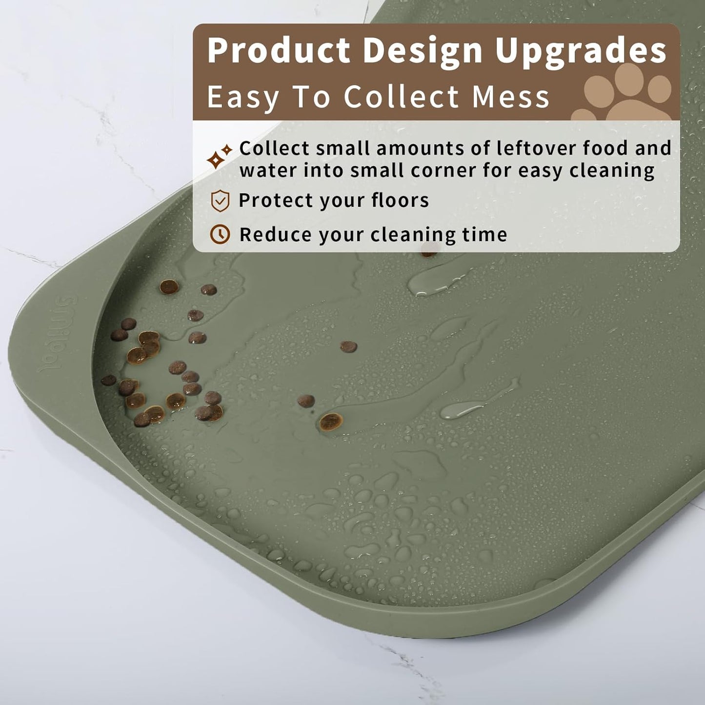Silicone Pet Feeding Mat with Raised Edge & Residue Collection Pocket for Food and Water, Dog Bowl Mats, Cat Bowls Placemat with High Lip for Floor Waterproof, 22 x 14 x 0.8 Light Olive Green