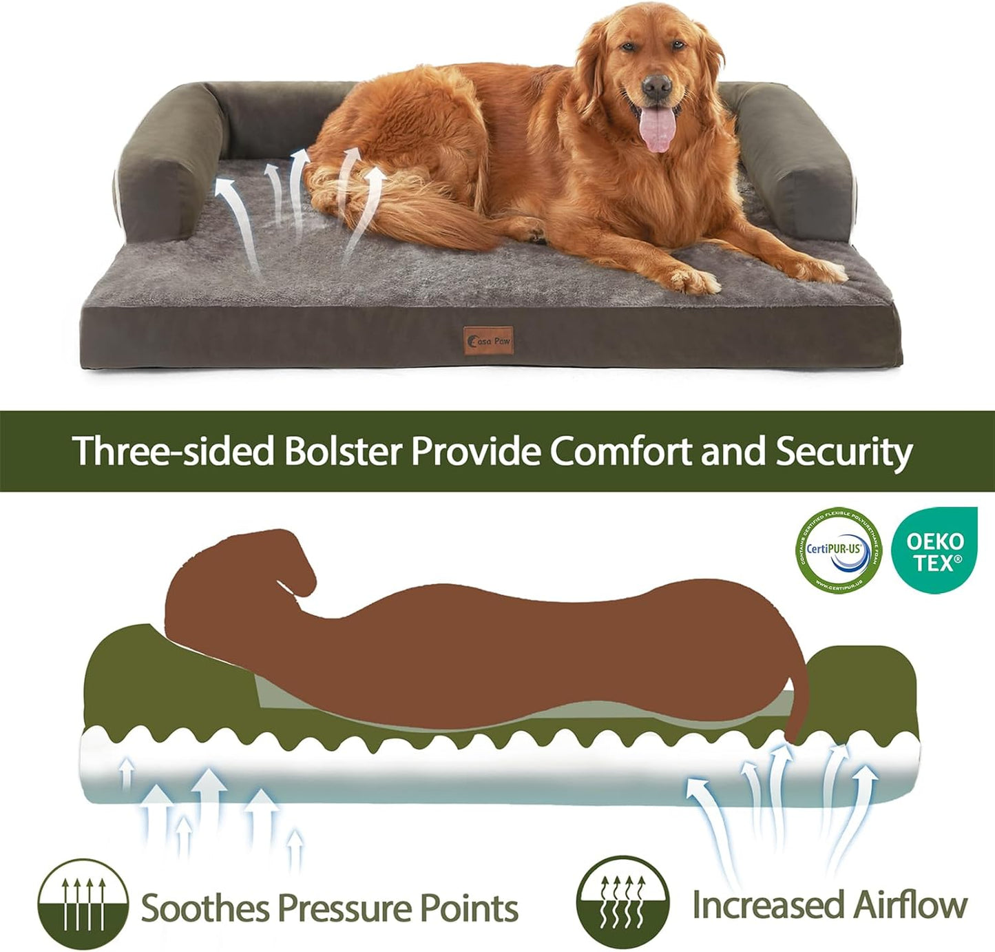 Waterproof Orthopedic Dog Beds Large, Egg-Crate Foam Dog Couch, Comfy Bolster Pet Bed with Removable Washable Cover, Nonskid Bottom (Large, Dark Green)