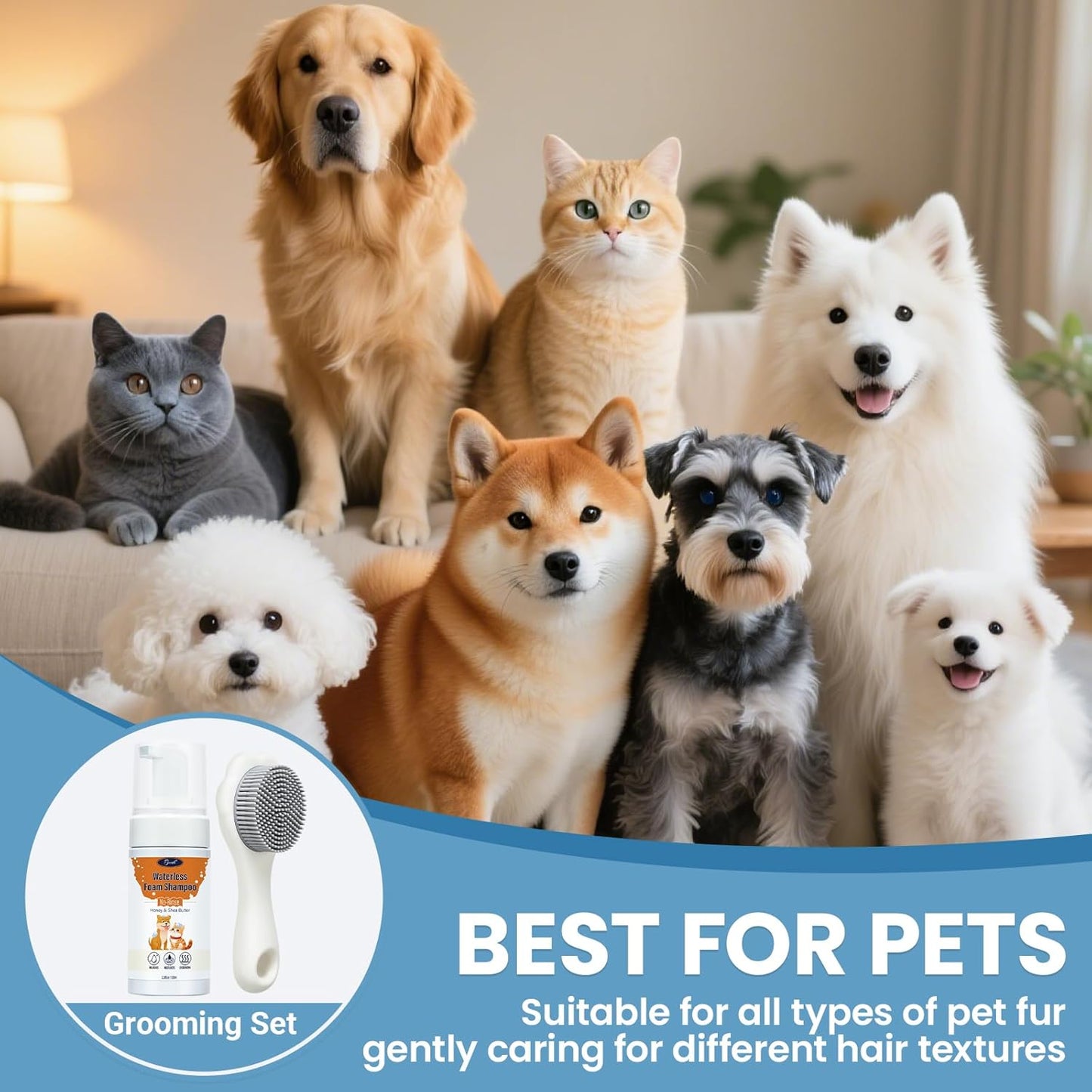 Pet Waterless Shampoo with Brush, Dry Shampoo for Dog & Cats, No Rinse Foam Formula for Quick Clean Between Bath, Detangling, Deep Cleansing, Reduce Itchy Skin Shedding & Odor Control