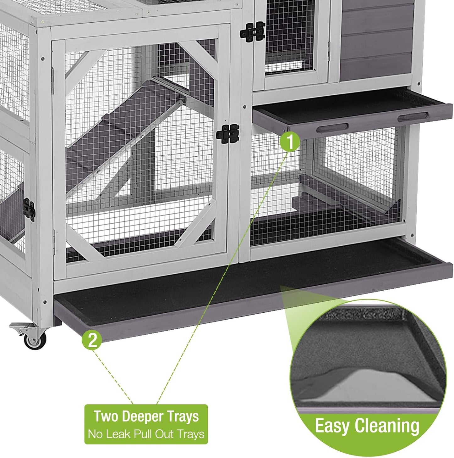 GUTINNEEN Rabbit Hutch Indoor Outdoor 2 Story Bunny House on Wheels Wood Rabbit Cage with 2 Pull Out Trays Guinea Pig Cage (Gray)