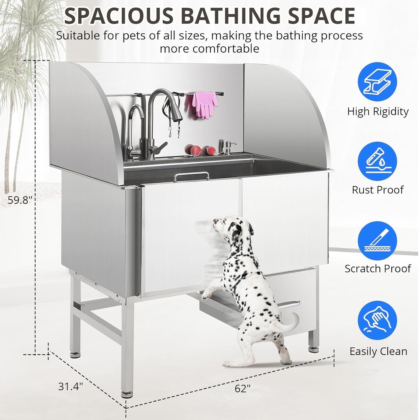 Professional Dog Grooming Tub, 62" Stainless Steel Dog Wash Station with Foldable Ramp, Storage Drawer, Floor Grate & Faucet/Dog Bathtub for Large, Medium & Small Pets - Right Door (62")