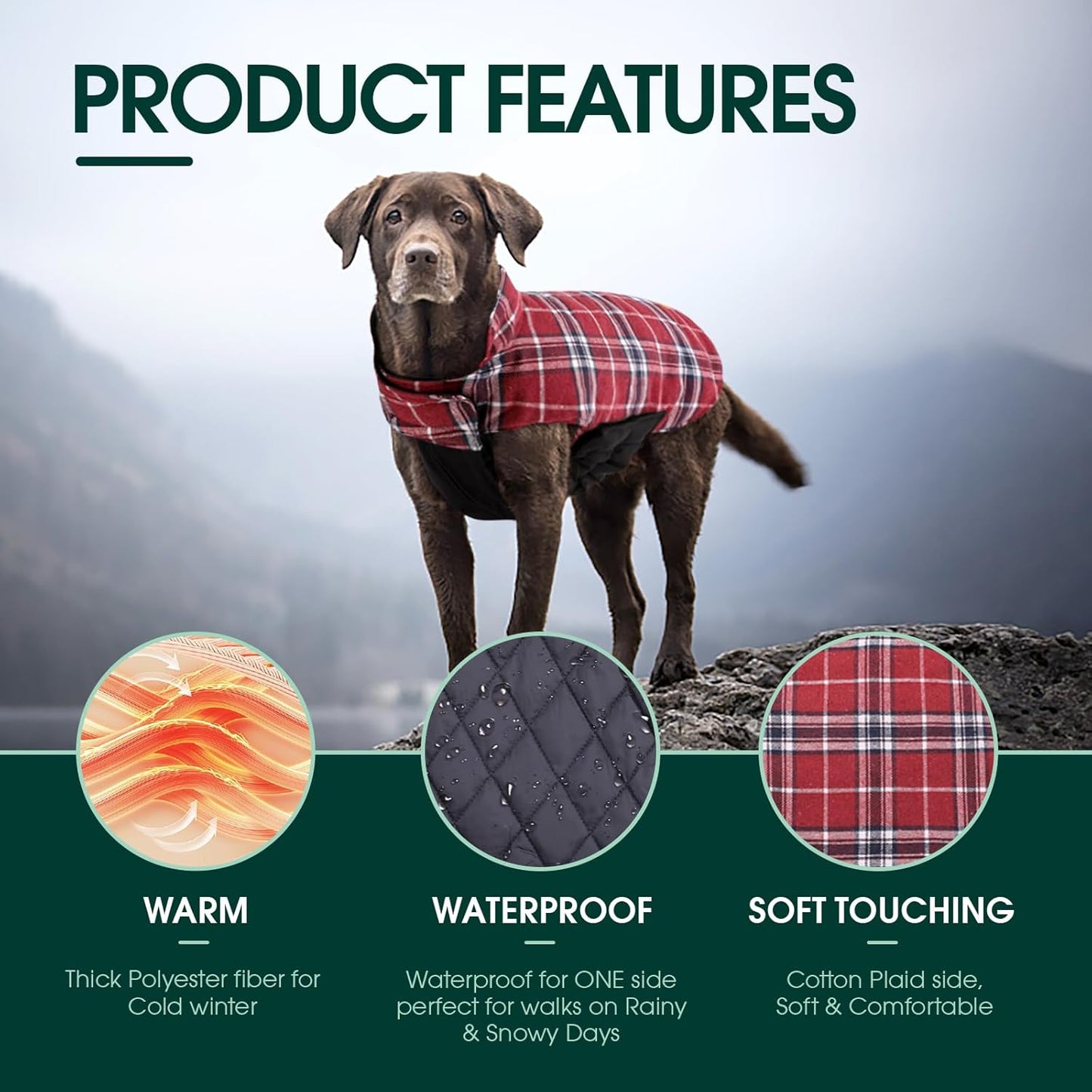 Kuoser Waterproof Dog Coat, Reversible Dog Jacket for Small Dogs, Adjustable Durable Doggie Winter Coat Warm Cozy Puppy Cold Weather Apparel from Small to Large Breed, Red S