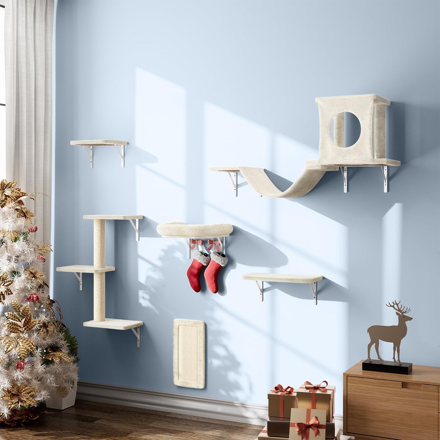 NUNU LAB Wall Mounted Cat Climber Set, 6 Pcs Cat Furniture Set with House, Bridge, Steps, Scratcher Board and Hammock, Shelves for Indoor, Luxury Walls Furniture(Beige)