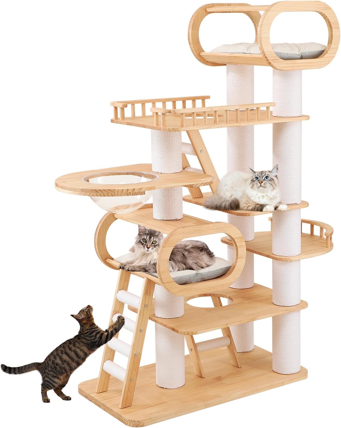 76.8'' Tall Modern Large Cat Tree,Multi-Level Wood Cat Tower for Indoor Cats Large Adults,Luxury Heavy Duty Cat Condo with Cushion,Scratching Posts,Clear Hammock Activity (76.8inch)