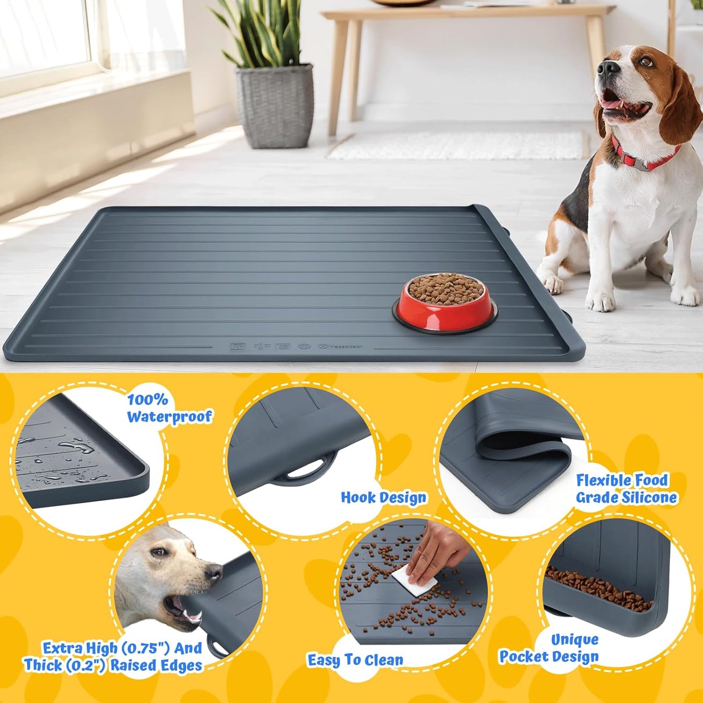 Dog Feeding Mat - 39''x27'' Large Silicone Pet Food Mats with Residue Collection Pocket and High Edges, Floors Waterproof Dog Cat Bowl Mat Prevent Water Food Spills, Dark Grey