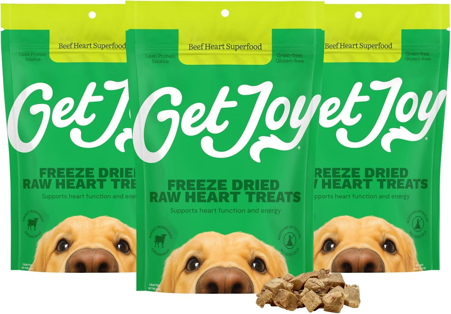 Get Joy Freeze Dried Superfood 100% Beef Heart Dog Treats, 4 Ounce Bag (Pack of 3), Single Ingredient Organ Meat, High Protein, Heart Health, Energy, Grain Free, Gluten Free, Made in USA