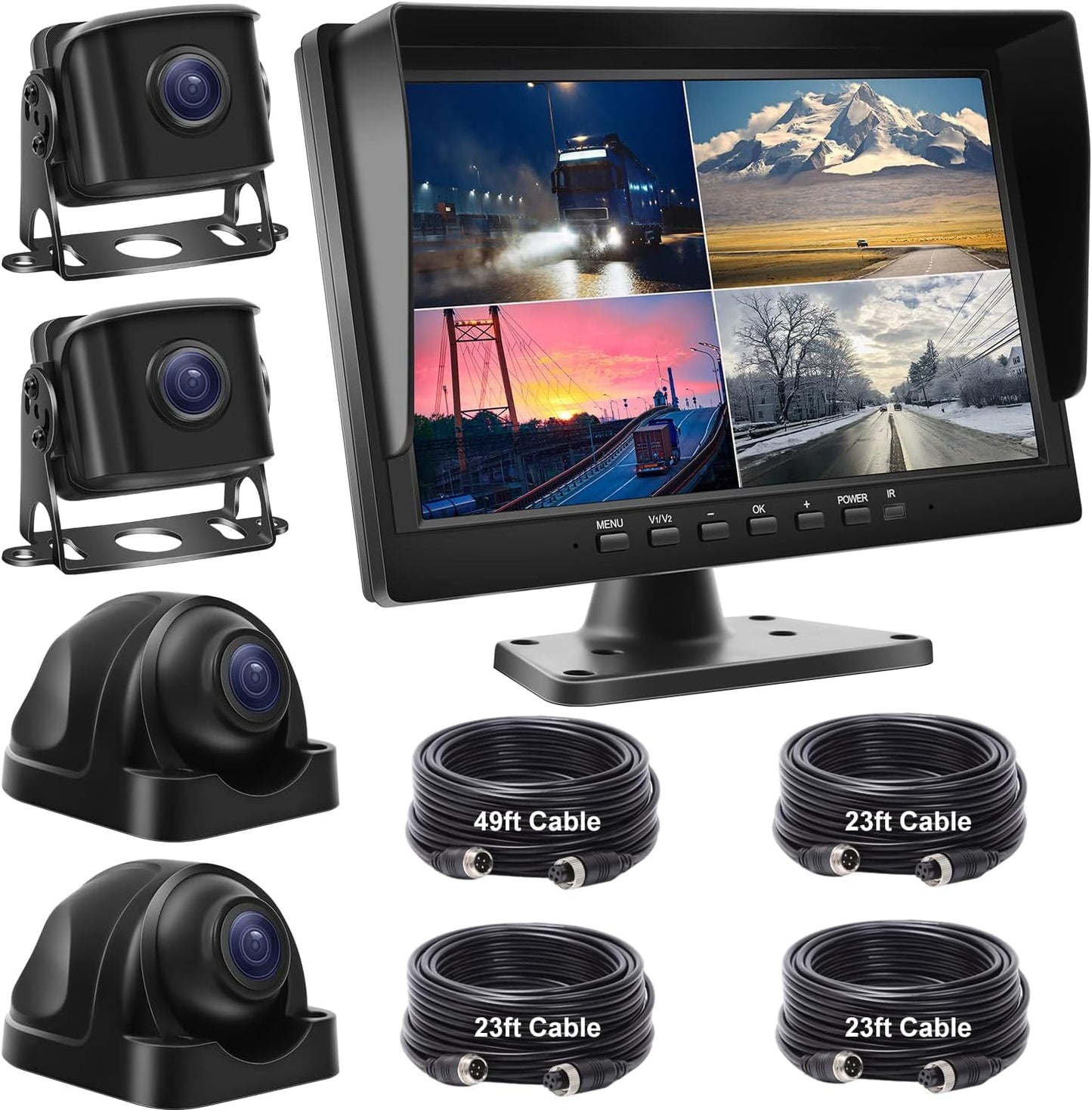 Wired Backup Camera System with 10.1’’ IPS Monitor for Truck RV Trailer Bus, Rear View Camera, with Side Front View Camera, 4 Split Screen, Super Waterproof, Night Vision, Easy Installation AHD1080P