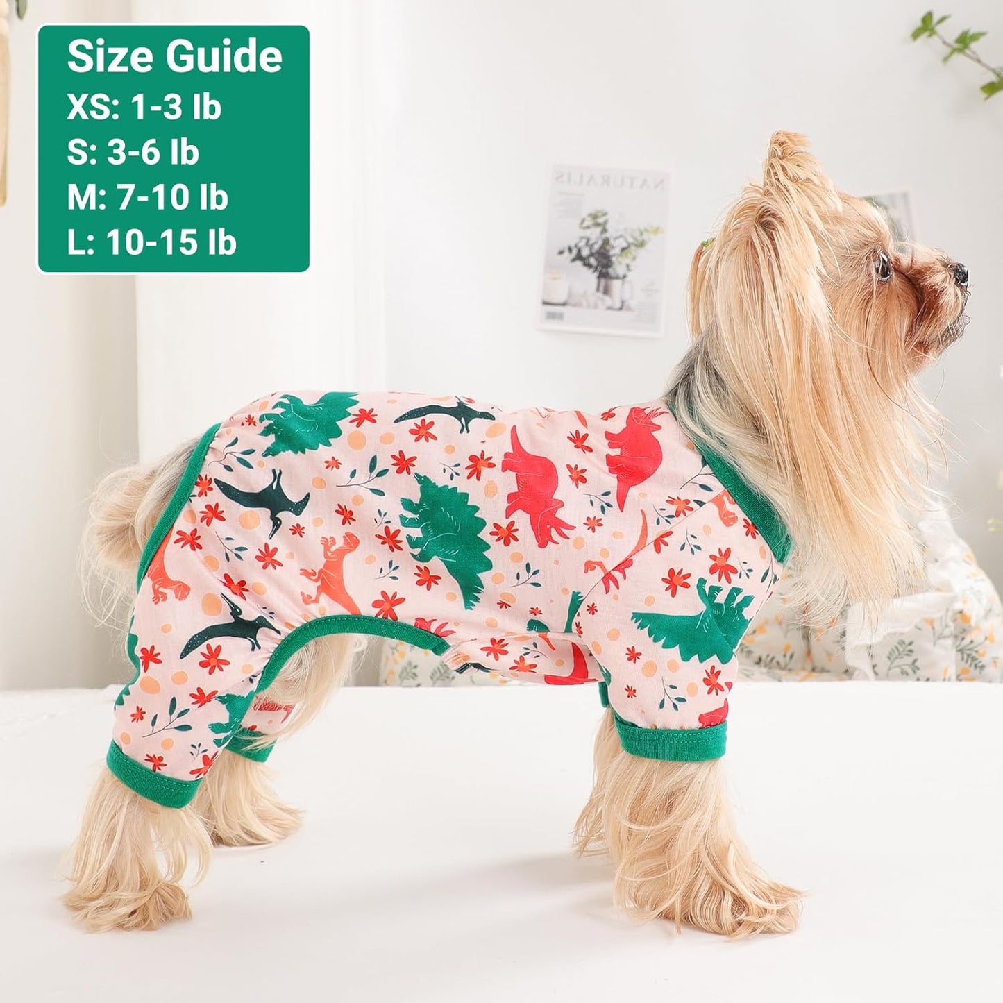Dog Pajamas Small Sized Dogs Stretchable Summer Dog Clothes Pjs 4 Legs Girl Boy Cute Soft Puppy Outfits Doggie Cat Jammies Jumpsuit Sleeper for Pet, Dinosaur, L