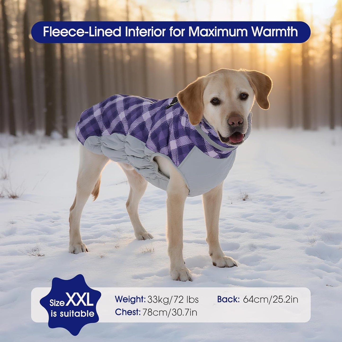 FUAMEY Dog Coat for Large Dogs,Waterproof Dog Winter Jacket with Harness Built in Puppy Cold Weather Coats Reflective Pet Vest with Zipper Warm Fleece Dogs Snowsuit Windproof Purple Plaid 3XL