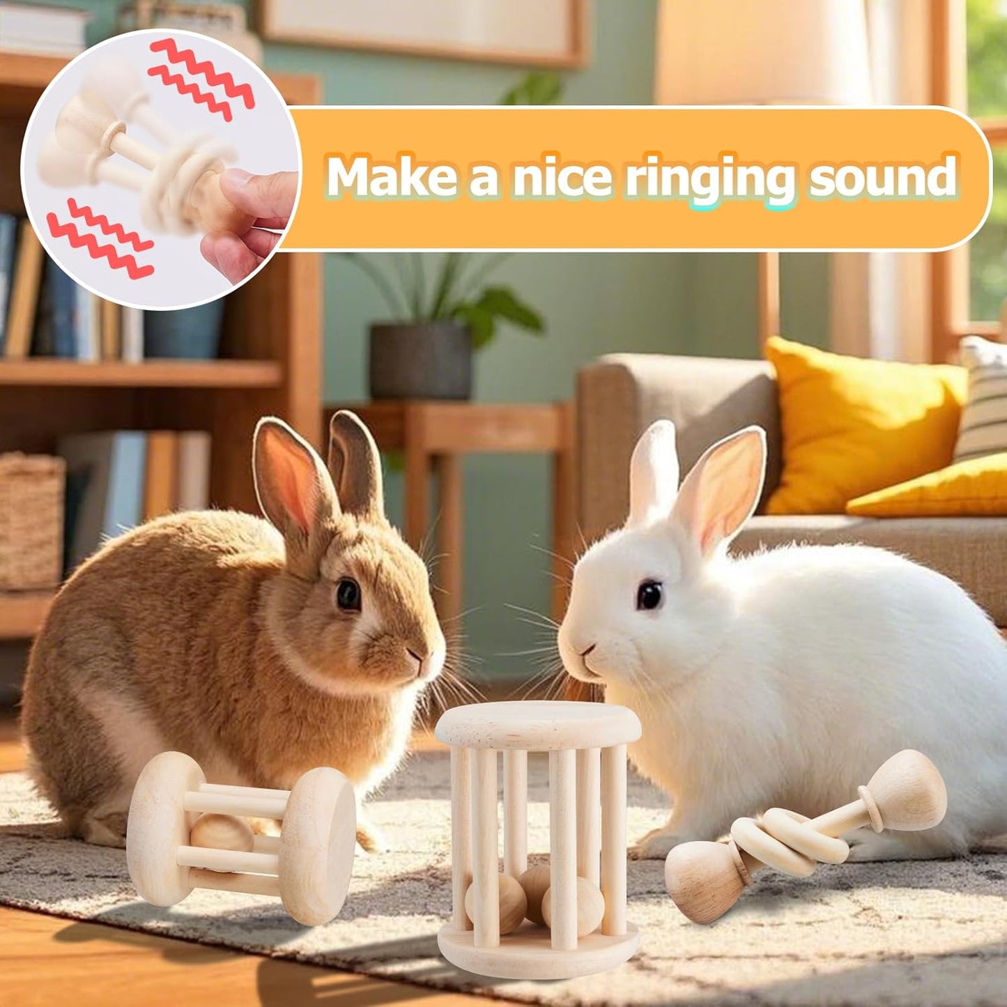 3 Pcs Natural Wooden Bunny Toys, Safe Rabbit Toys for Guinea Pig Chinchillas Hamsters Small Animals Playing Teeth Grinding Indoor Outdoor