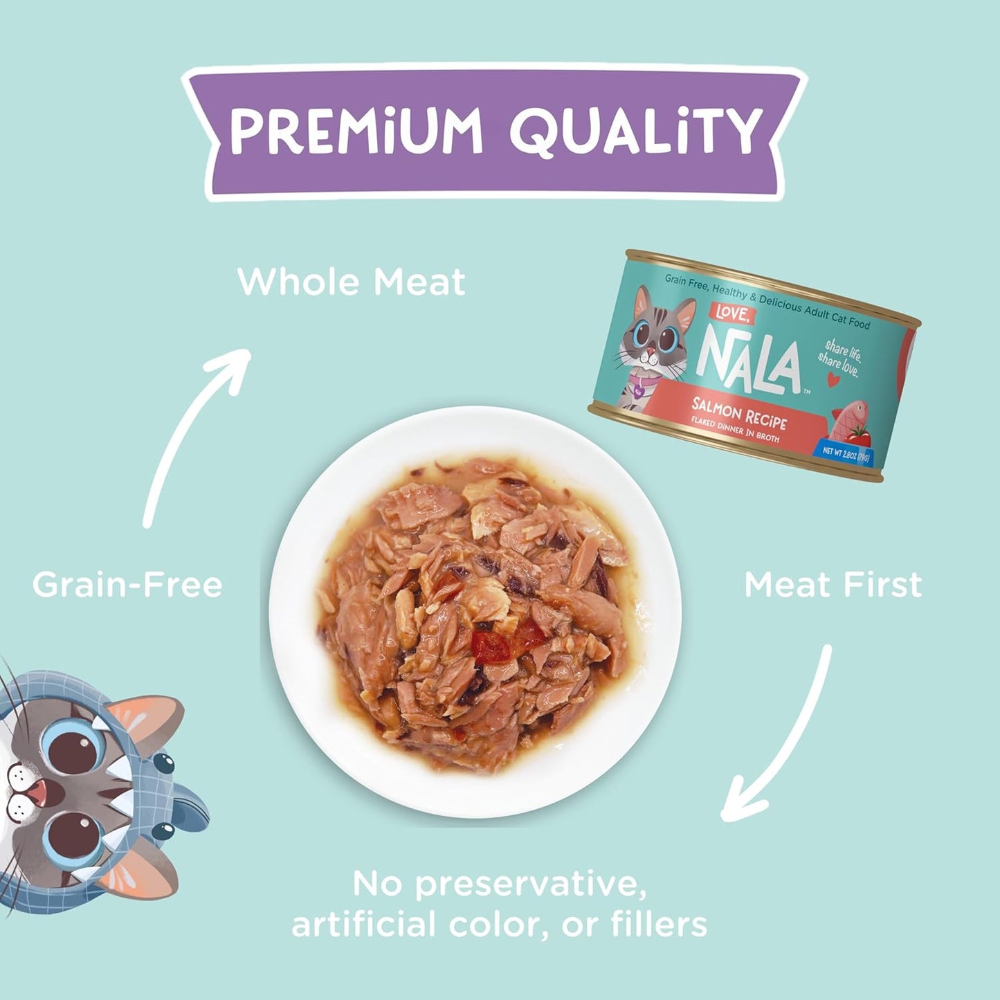 LOVE, NALA - Natural Adult Cat Wet Food - FLAKED Salmon in Broth - Grain Free, Non-GMO, Lean Protein with Omega 3, Added Minerals & Vitamins - 12 Pack, 2.4 lbs.