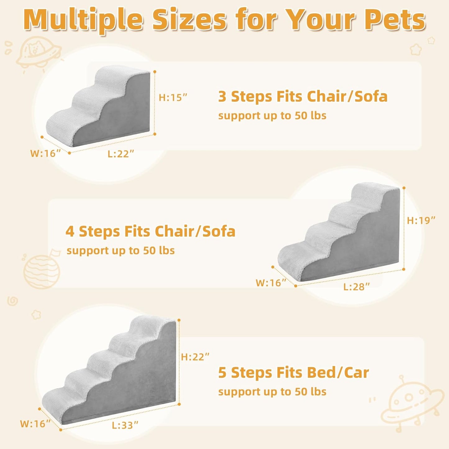 MIHIKK Dog Stairs Ramp, Curved 5-Step Dog Steps for Small Dogs and Cats, Pet Stairs for High Beds and Couch with Anti-Slip Washable Cover and Durable High Density Foam, Grey