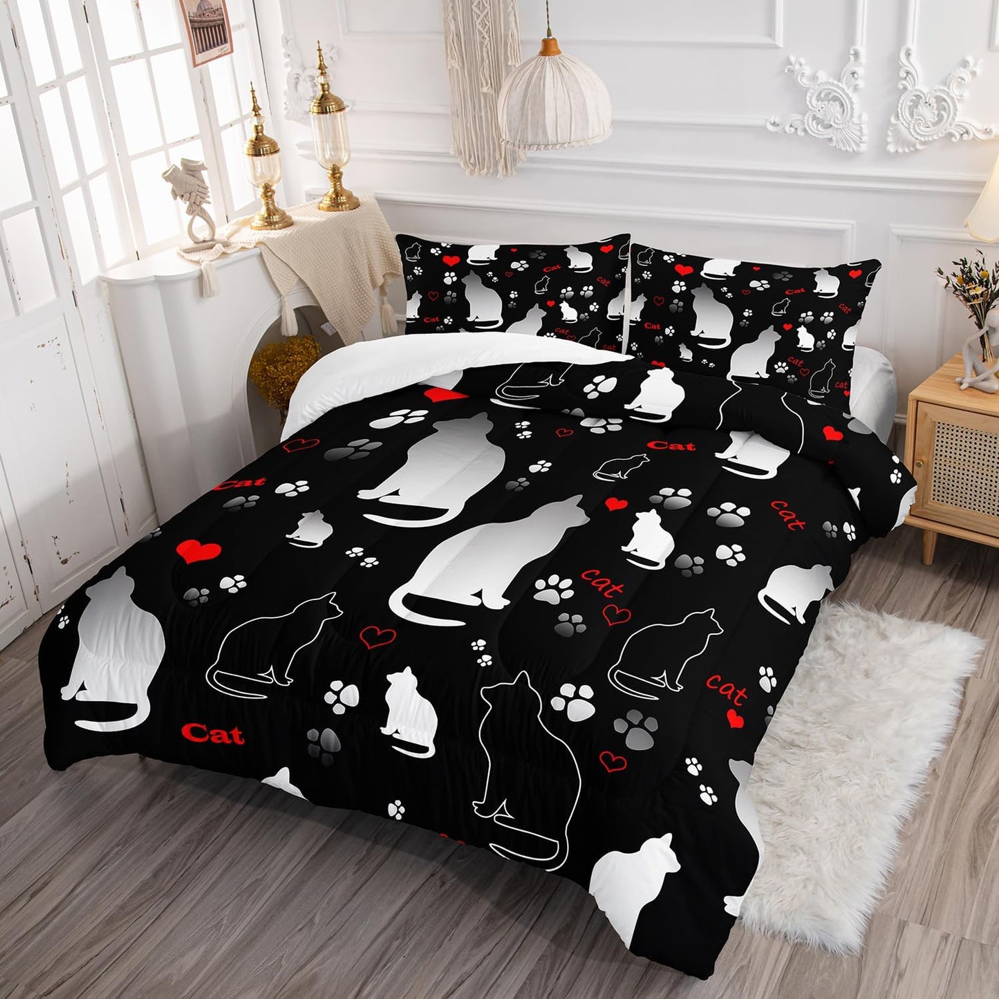 Kawaii Cat Animal Themed Comforter Set 3Pcs Queen Black White Pet Cat Bedding Set for Kid Teen Girl Boy Adult Room Decor Cartoon Cat Paw Heart Pattern Quilt with 1 Comforter and 2 Pillowcases