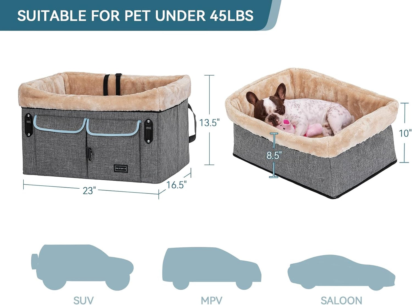 Petsfit Dog Car Seat Medium Sized Dog or 2 Small Dogs with Patent Buckles, Washable Pad, Dog Booster Car Seat for Dogs Up to 45 lbs (Medium, Light Grey)