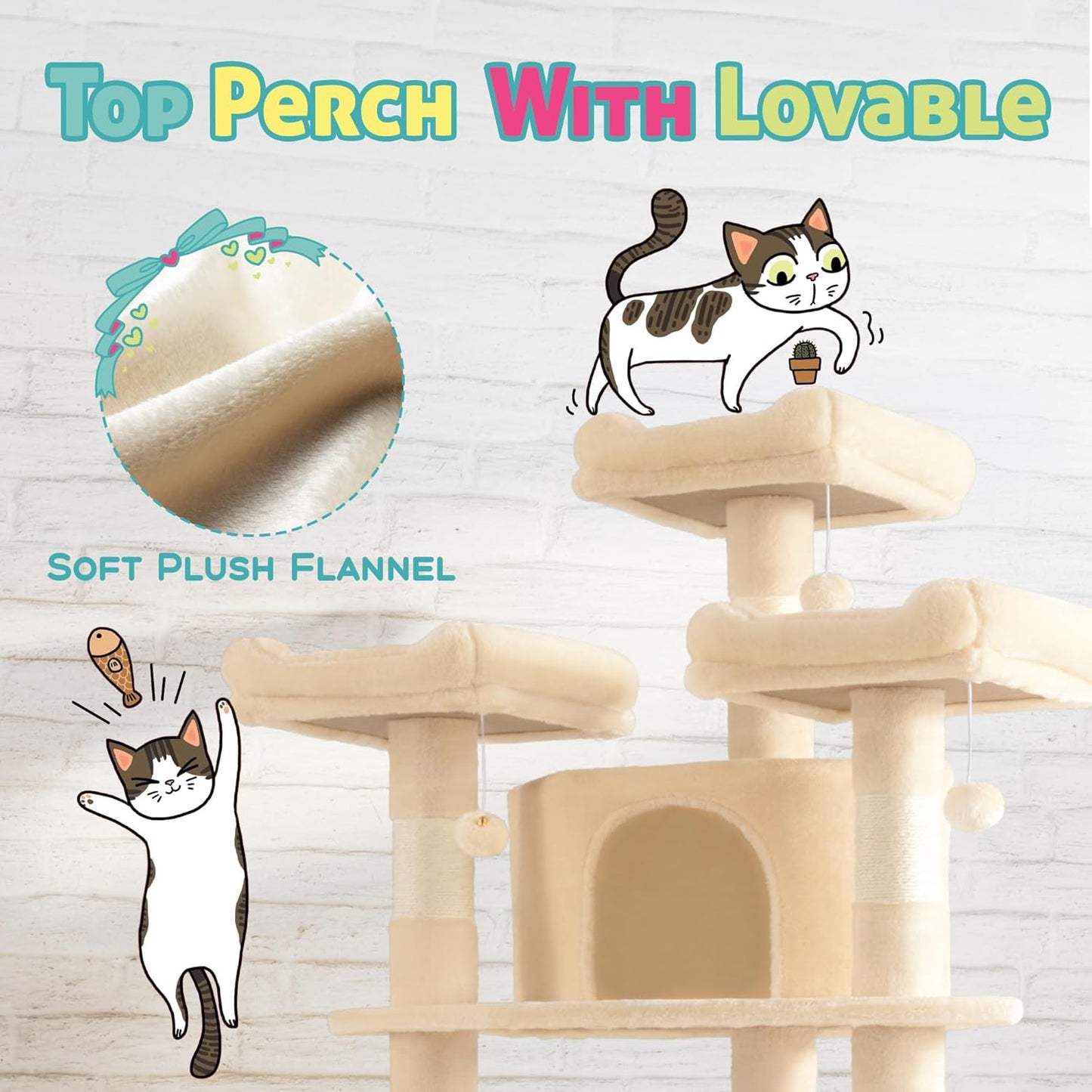 SHA CERLIN 73in Fan-Shaped Corner Cat Tower for Save Space/Multi-Level Tall Cat Tree for Indoor Kitties/Condo with Baskets/Cozy Perches/Sisal Scratching Posts/Pet Activity House/Beige