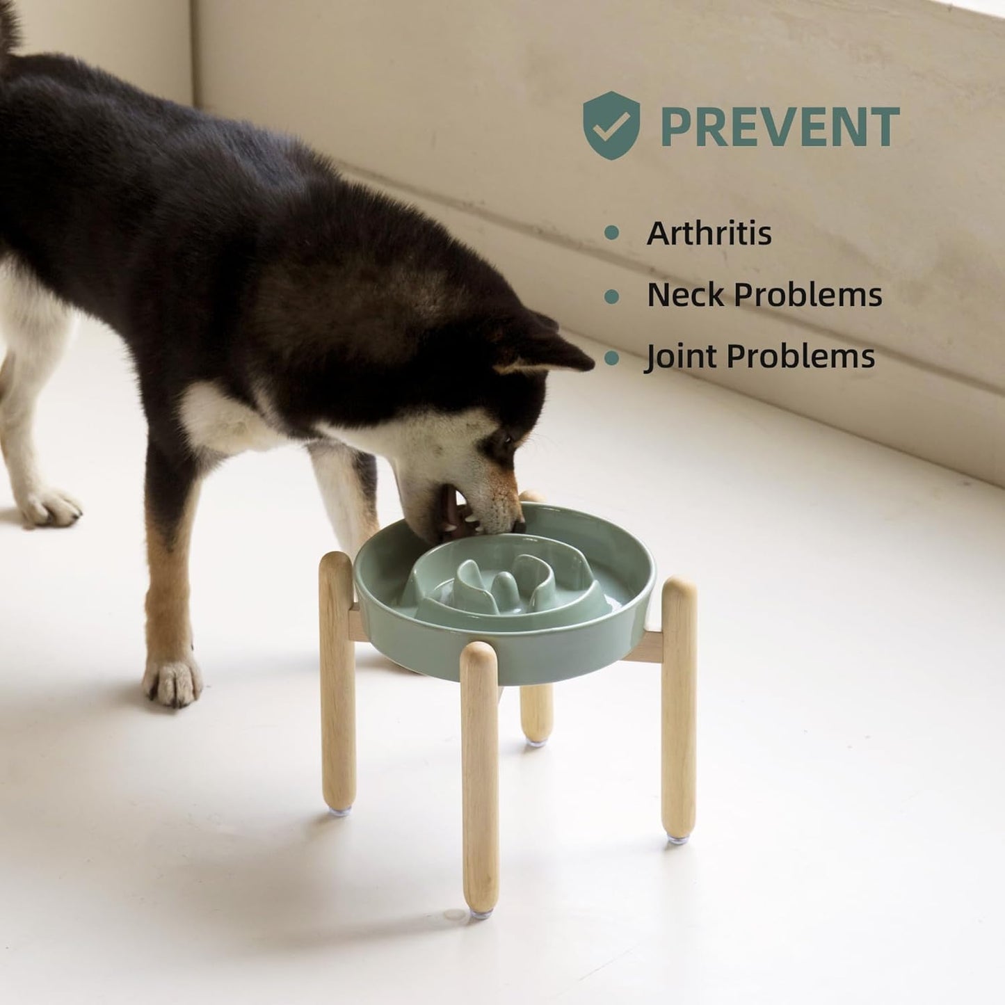 8.2inch Ceramic Raised Slow Feeder Dog Bowl Set, Elevated Wooden Stand for Large and Medium Dog, Puzzle Slow Dish, Anti-Gulping(Light Green, Single Bowl+ Stand)