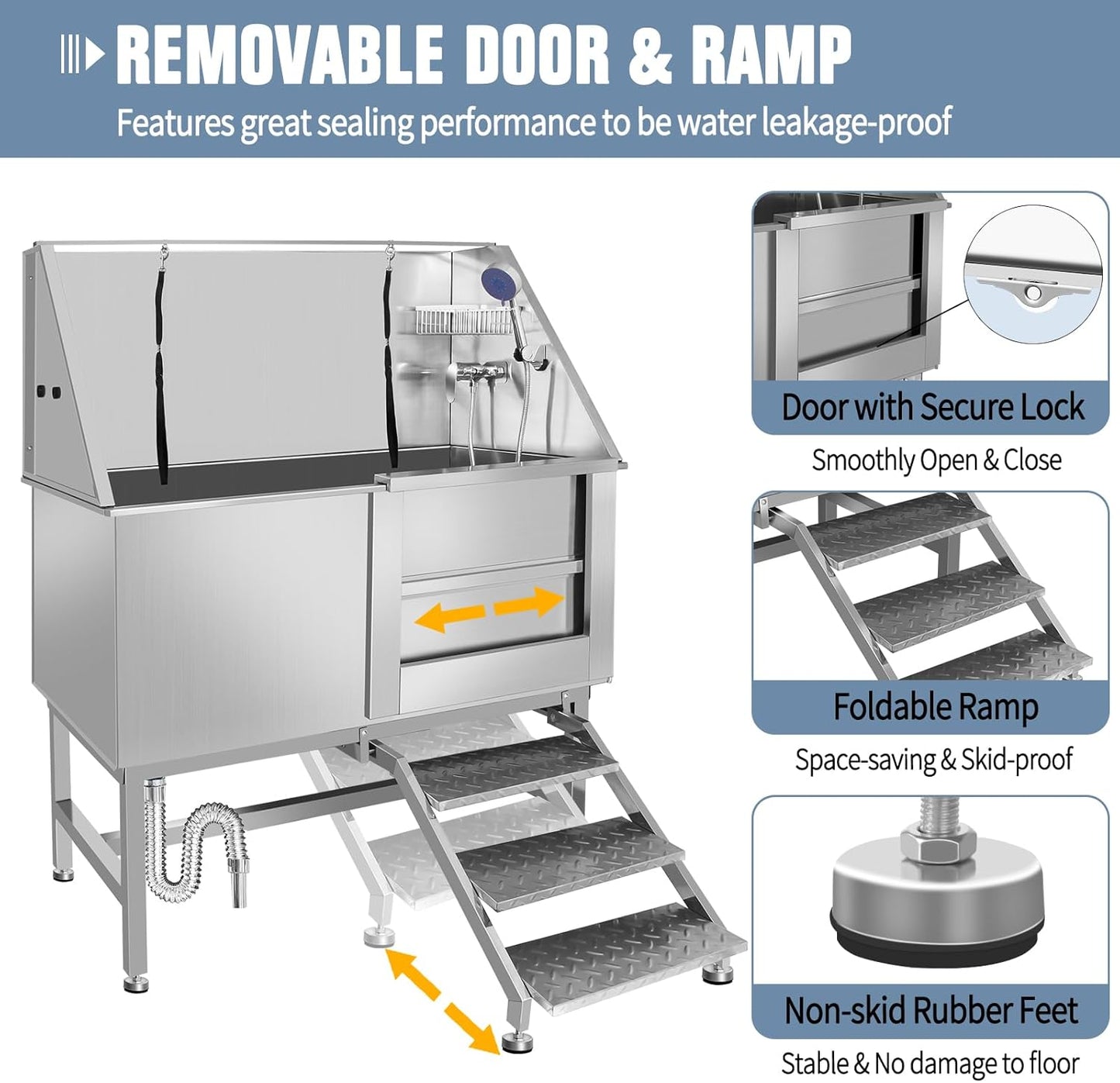 50" Dog Bathing Station, Professional Dog Washing Station Stainless Steel Dog Grooming Tub for Home,Equipped with Three Anti-Slip Steps, Removable Door, Pet Wash Station for Pet (50" Right ramp)