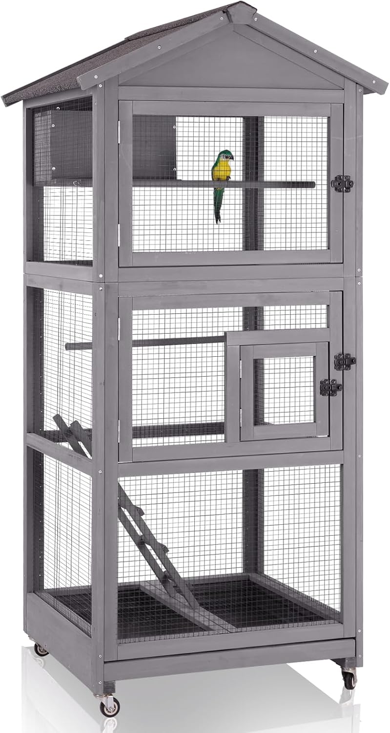 GUTINNEEN Large Bird Cage Outdoor Wooden Aviary Indoor on Wheels, with Play Stand, Perches, Nest Habitat & Wire Mesh Tray for Easy Cleaning
