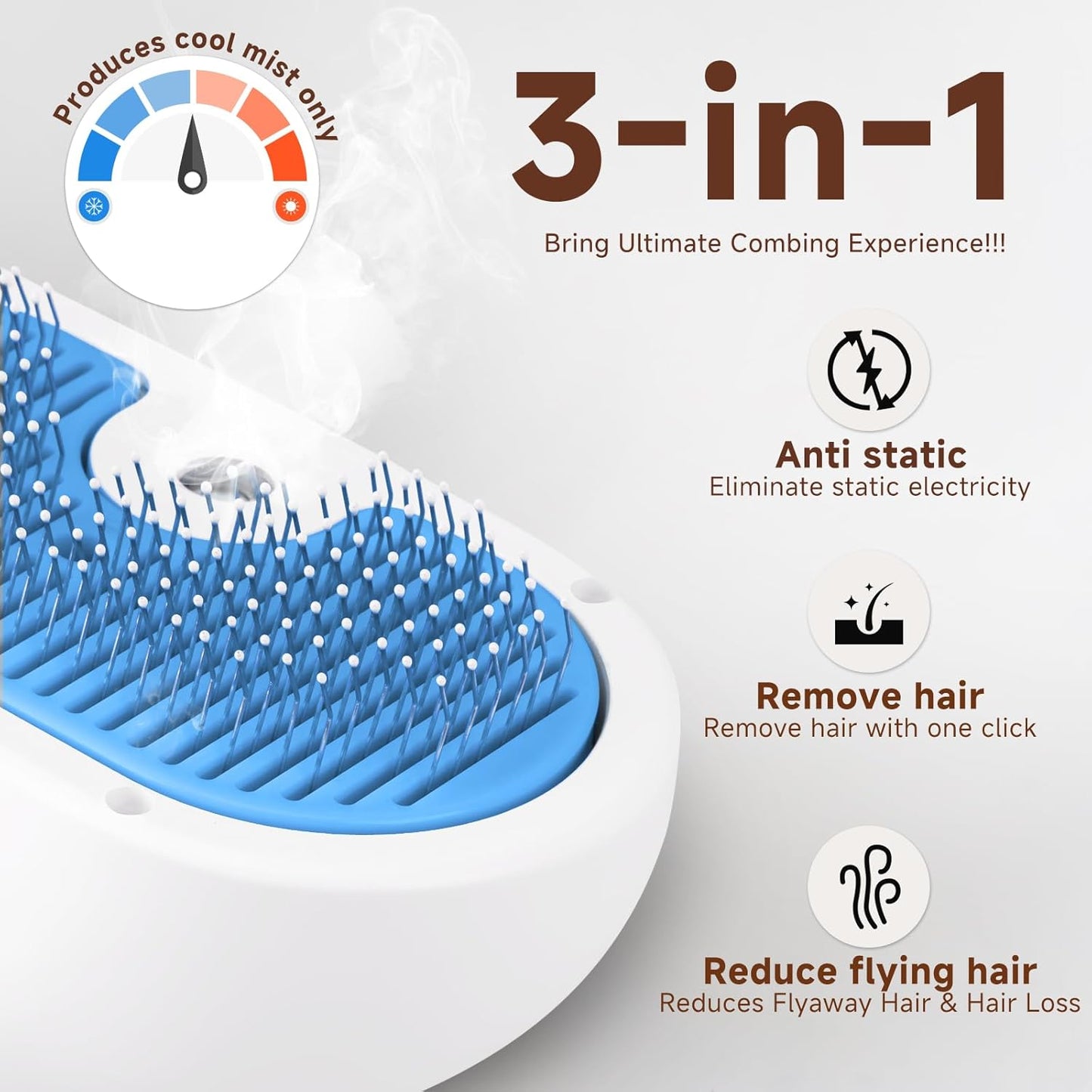Pet Steam Brush for Dog & Cat - 3-in-1 Steam Grooming Brush for Shedding & Hair Removal - Self Cleaning Spray Comb with Mist for Long Haired Pets - Includes 2*Waterless Shampoo, Blue