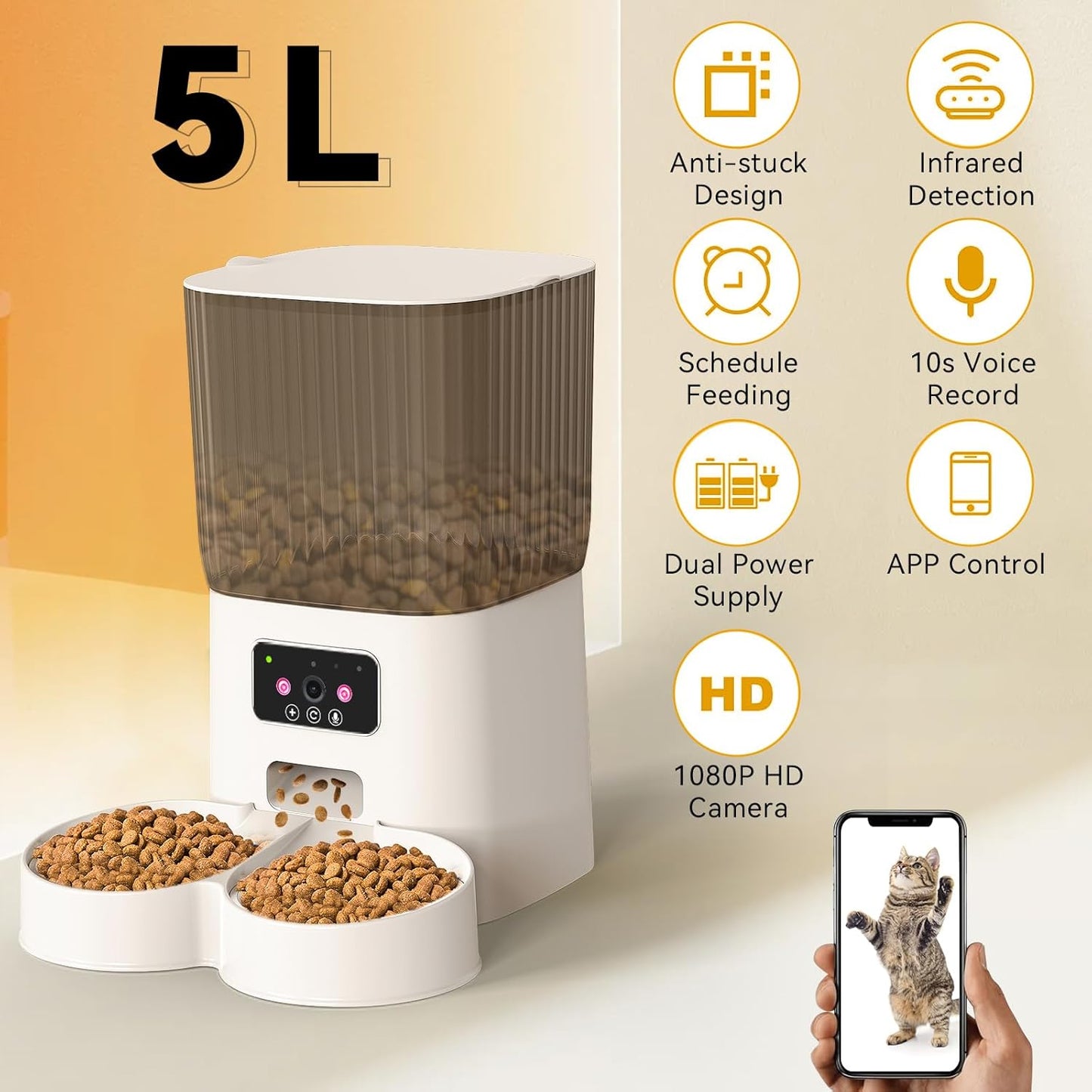 Smart Automatic Cat Feeders, Cat Feeder with Camera for Two Cats,1080P HD Video with Night Vision 2.4G WiFi Auto Pet Feeder with 2-Way Audio,5L Pet Food Storage Container,Detachable for Easy Clean