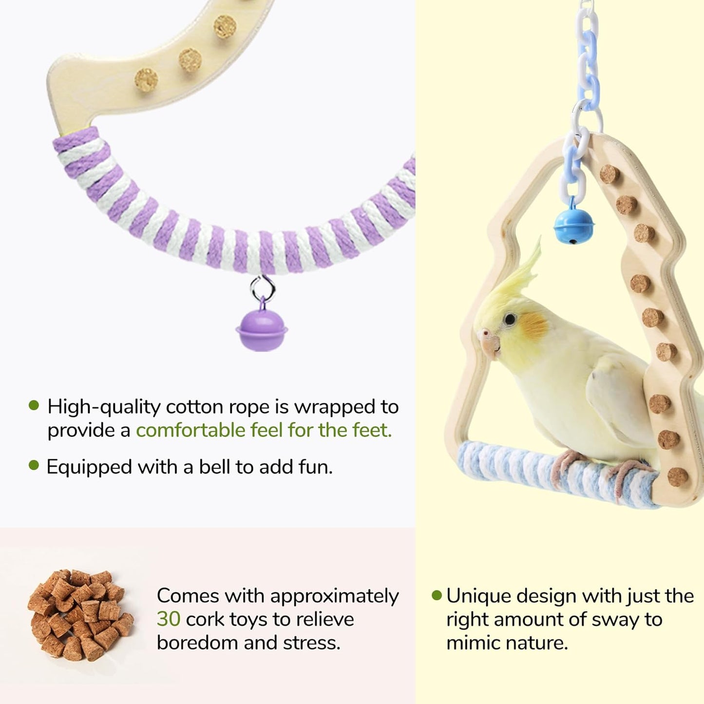 Natural Bird Swing - Moon-Shaped Parrot Perch with Bell and Cork Toys, Spinning Wooden Stand for Parakeets, Budgies, Lovebirds and Small/Medium Birds (White + Green)
