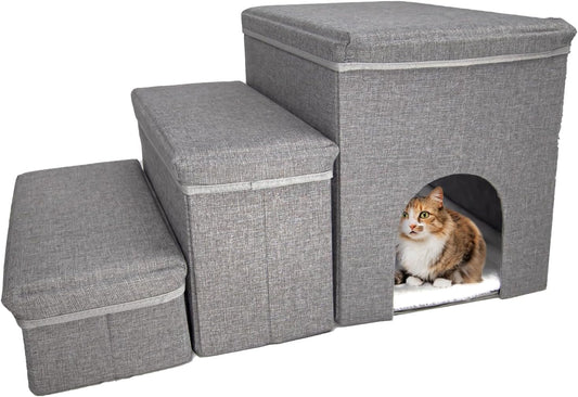 Dog Stairs with Storage Dog Steps for High Beds 3-Step Pet Stairs Ramp with Storage Box and Condo for Small Dogs Cats Pets