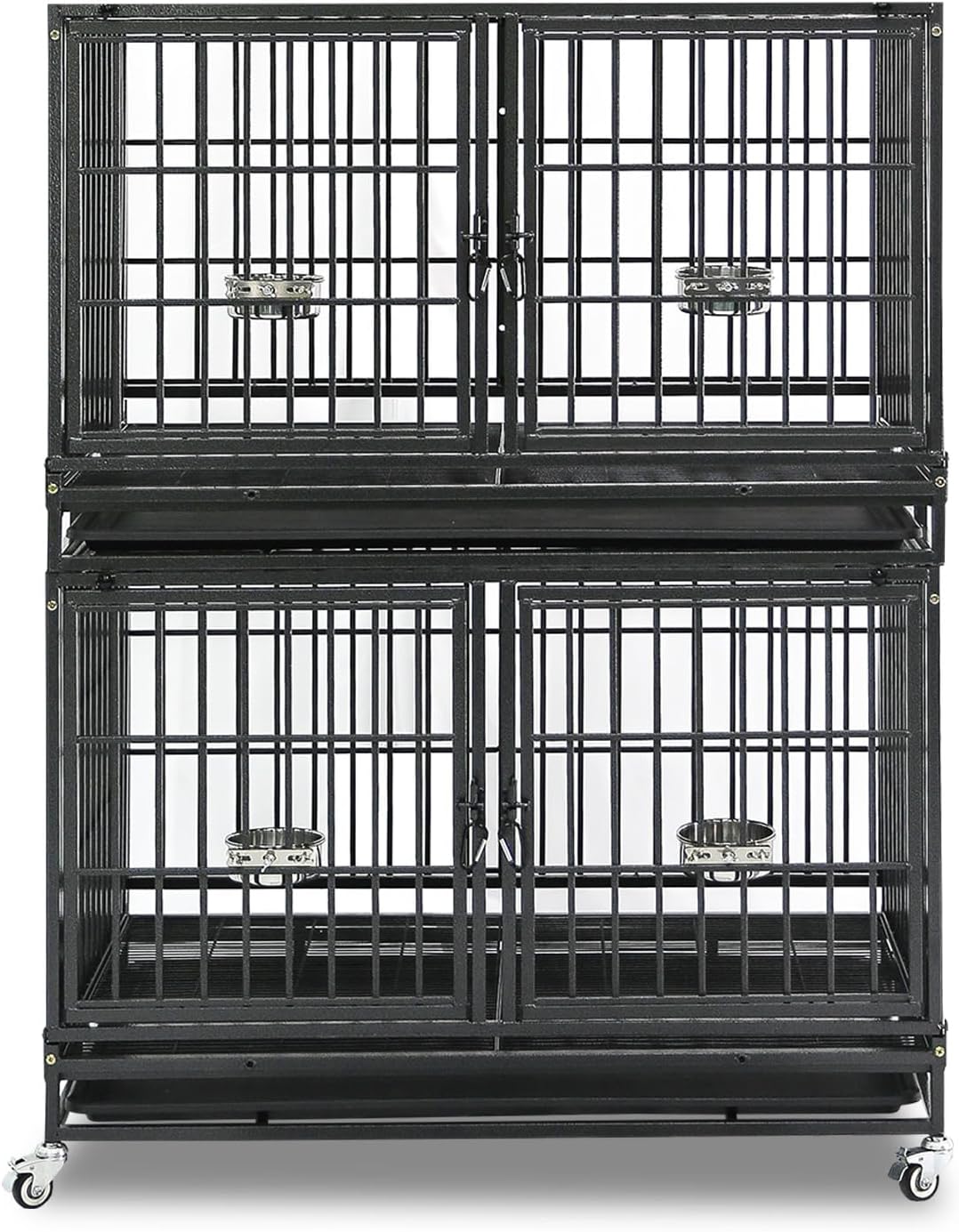 Homey Pet 43 inch Dog Crate Stackable Heavy Duty Dog Kennel Indoor Dog Grooming Cage with Detachable Divider, Removable Tray, Wheels, Feeding Bowls (2 Tiers)
