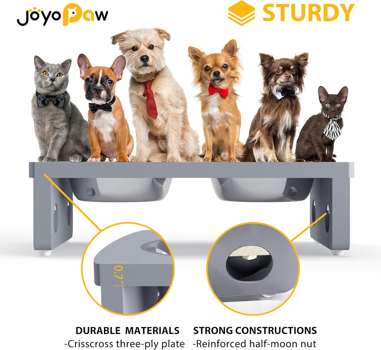 Elevated Dog Bowls, Bamboo Raised Dog Bowl for Small Dogs & Cats, with 2 Stainless Steel Bowls (4'' Tall-20oz Bowl, Grey)