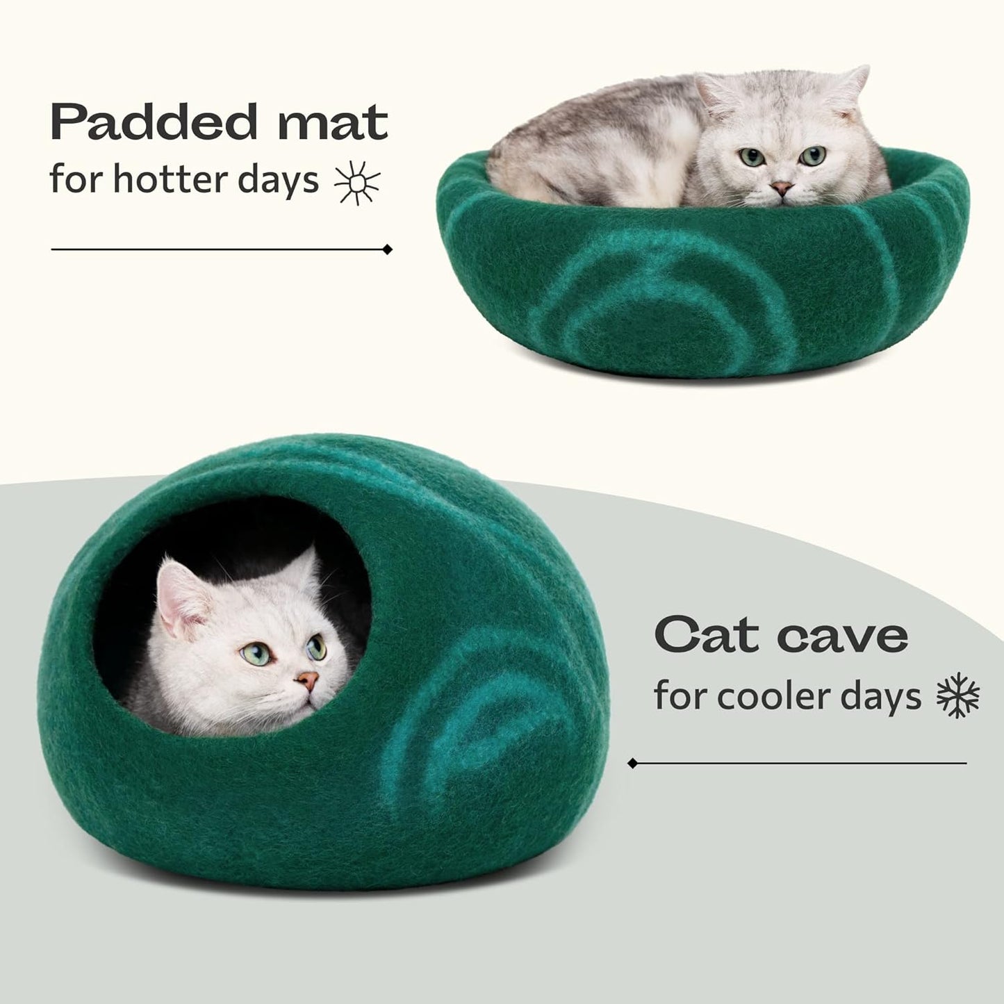 MEOWFIA Cat Cave – Premium Felt Cat Bed for Indoor Cats, Handmade 100% Merino Wool (Large, Emerald)