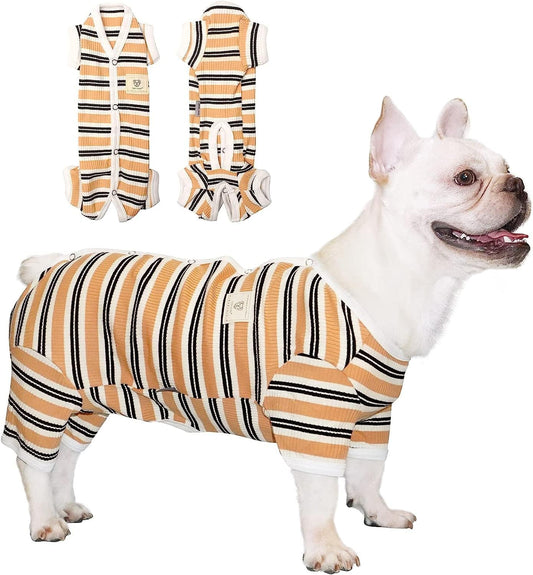TONY HOBY Male Dog Pajamas, 4 Legged Dog Jumpsuit with Brown Stripe, Dogs Shirt for Small Medium Dogs (Brown, Boy, XS)