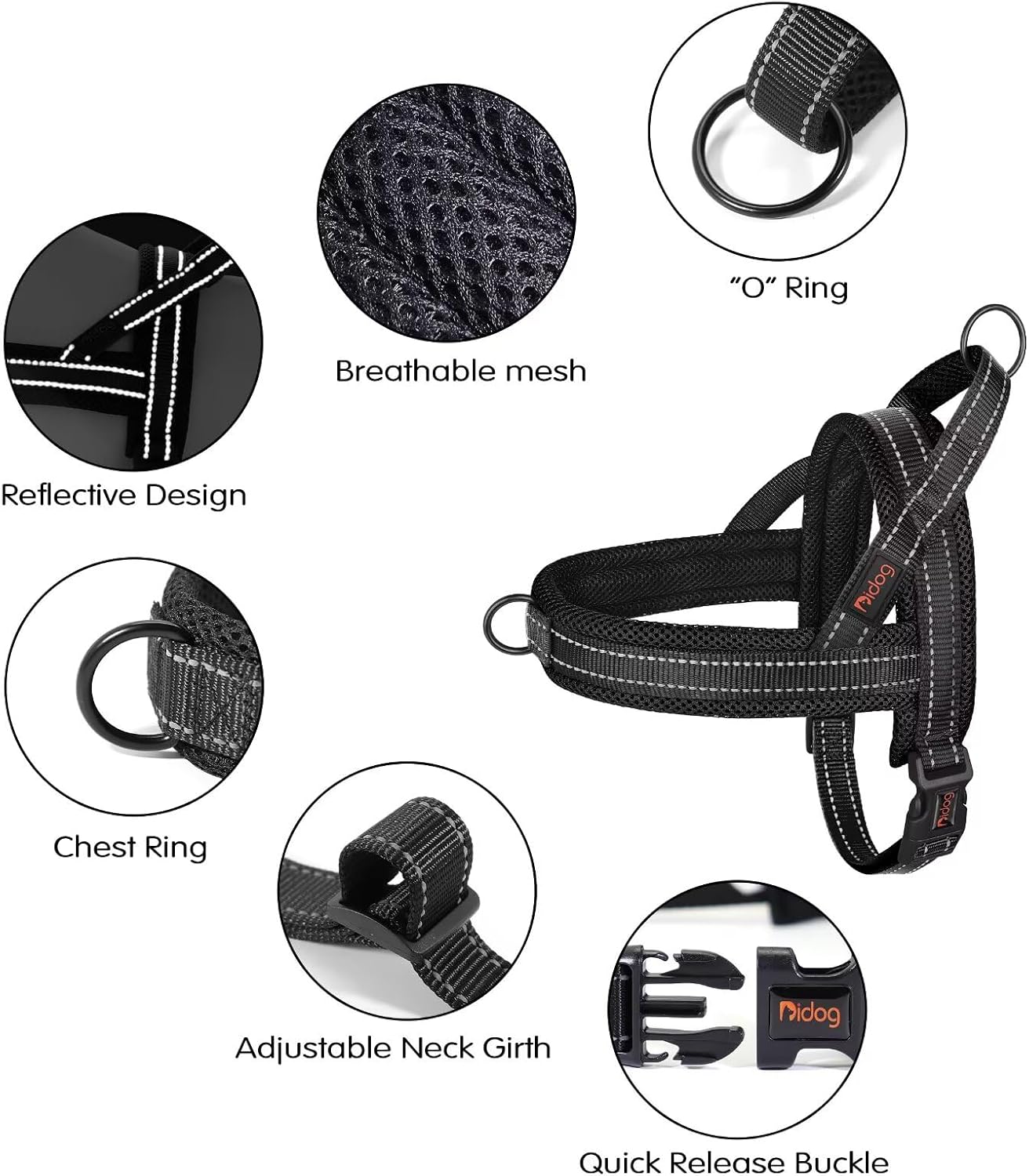Didog No Pull Dog Harness with Soft Mesh Padded,Reflective & Quick Fit Light Weight Dog Strap Vest Harness,Easy for Walking Training (L:Chest 26-32", Mesh-Black)