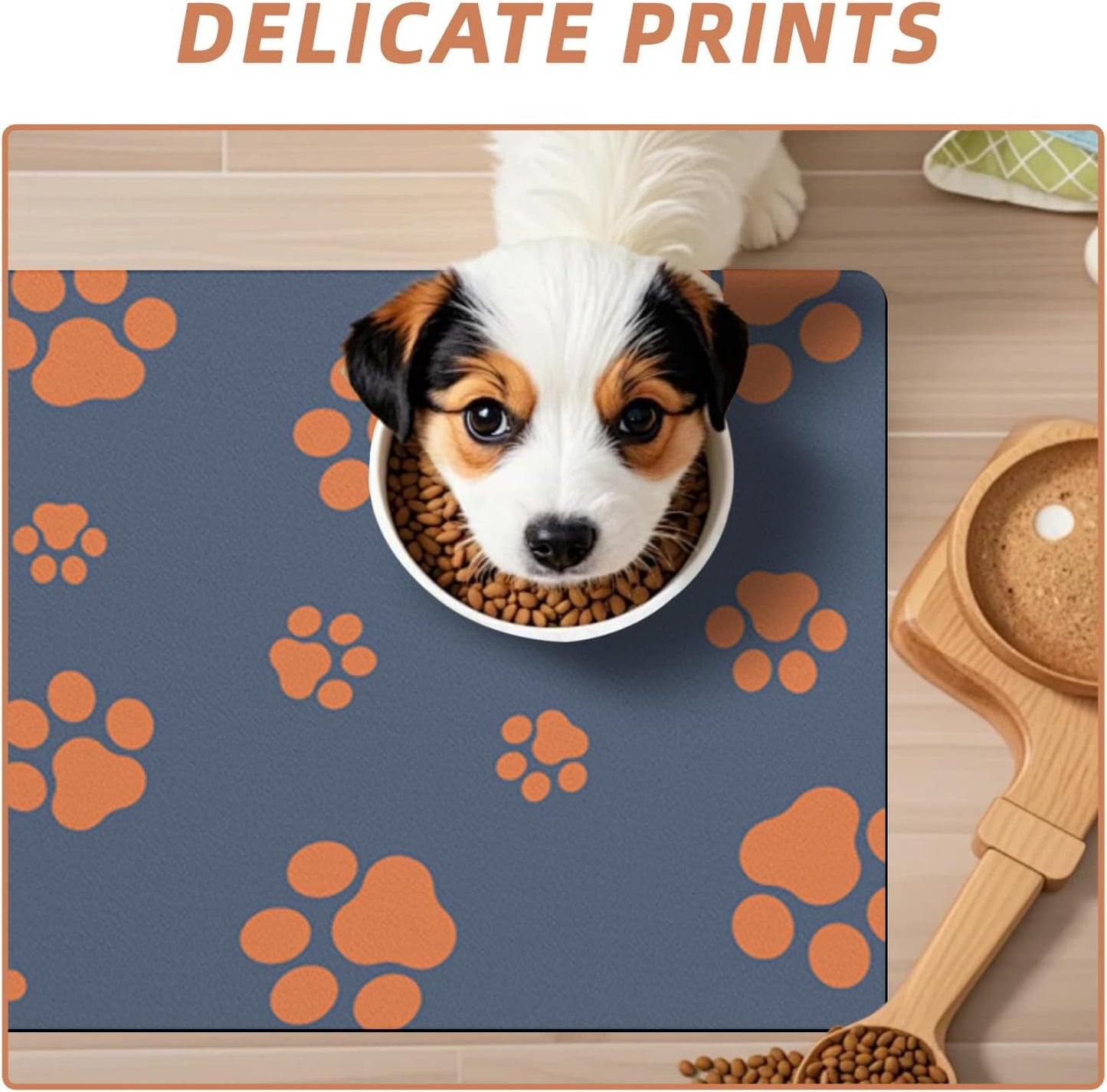 18"×30" Dog Food Mat-Absorbent Dog Mat for Food and Water, No Stains Quick Dry Cat Dog Food Bowl Mat Non Skid Dog Feeding Mat with Footprints for Messy Drinkers Blue