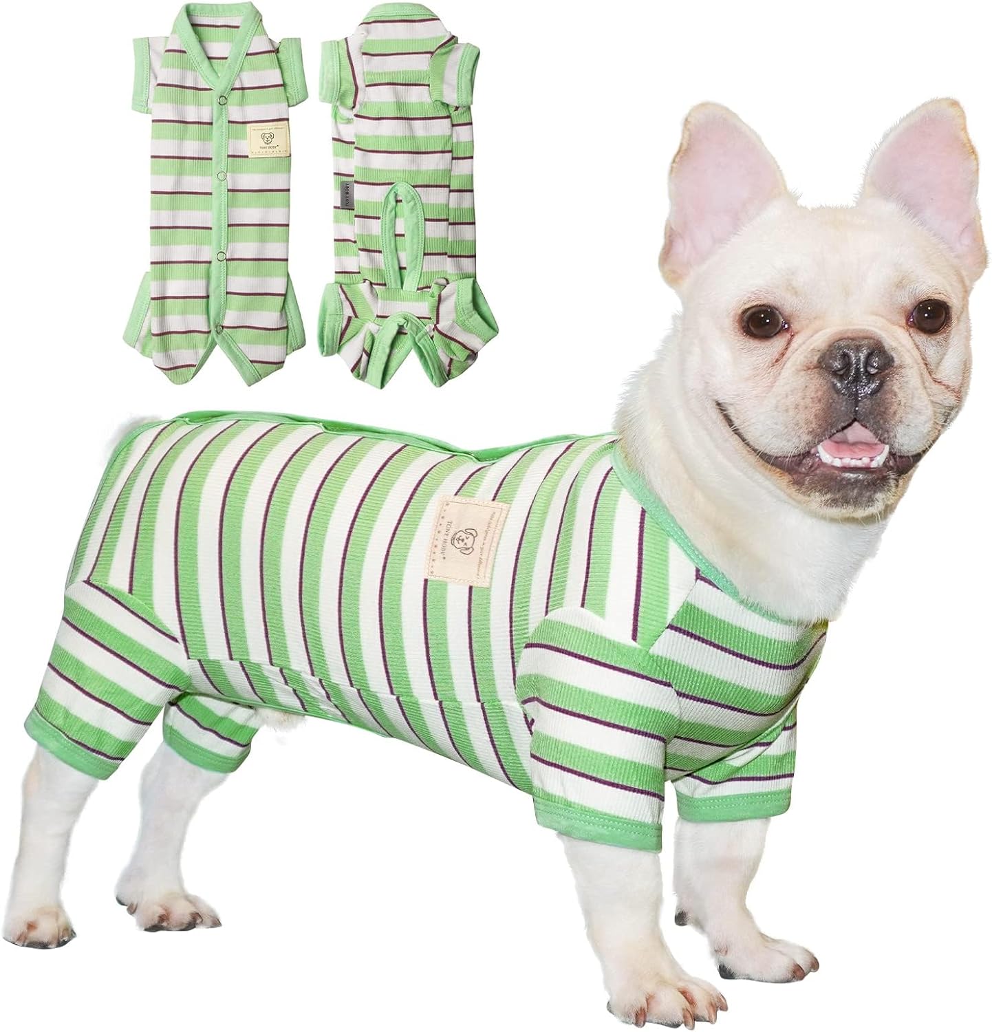 TONY HOBY Dog Pajamas, Male Dog Jumpsuit with Green Stripe, Dogs Clothes for Small Medium Size Dogs (Green&White, Boy, XS)