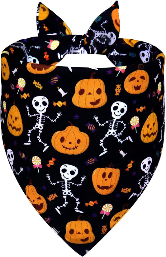 Halloween Dog Bandana for Large Dogs - Reversible Black Skull Pumpkin Print Scarf - Soft & Quick-Dry for Costume Parties