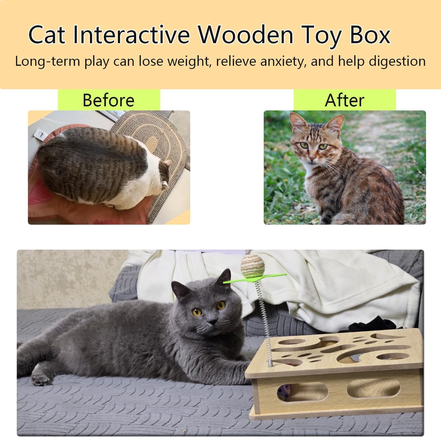 Interactive Wooden Cat Puzzle Toy Box Indoor Hunting Play Toy to Stimulate Your Cat’s Energy and Instincts (Blue)