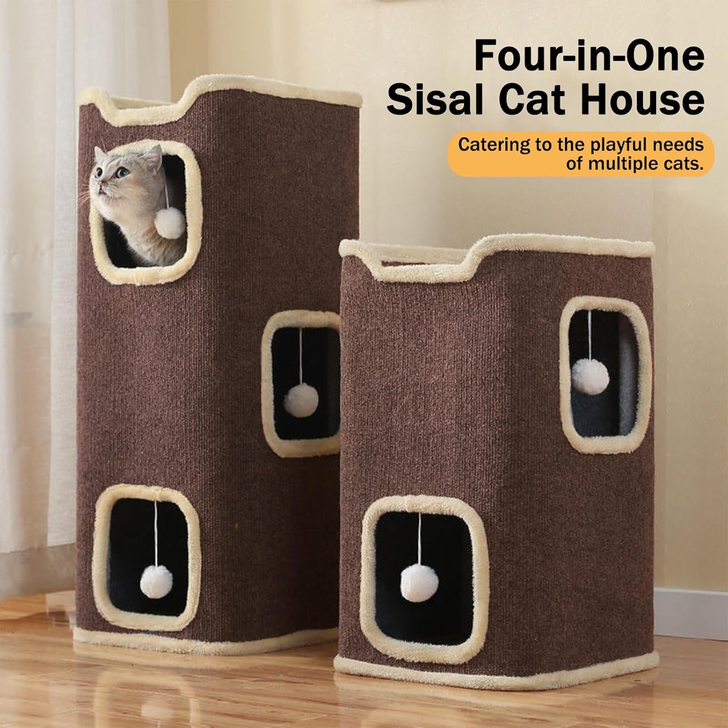 Cat House for Indoor Cats Beds, Multi-Level Cat Condo, Foldable Cave Bed Coffee, 2L