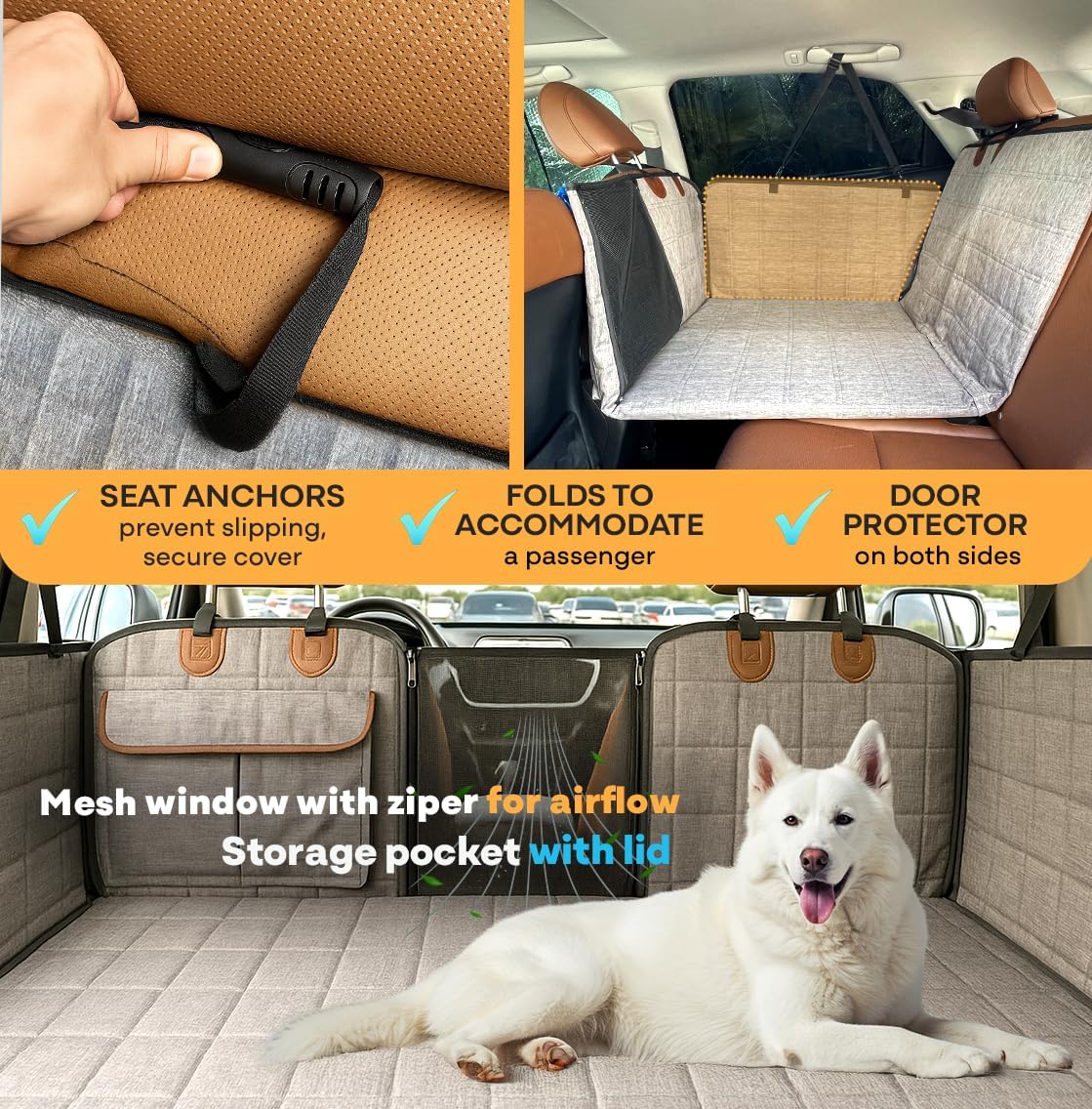 APetsPlanet Dog Car Seat Cover for Back Seat Hard Bottom - Waterproof Backseat Extender for Dogs - Pet Hammock for Car, Truck, SUV - Protector Bed with Mesh Window & Storage - Gray, with Door Covers