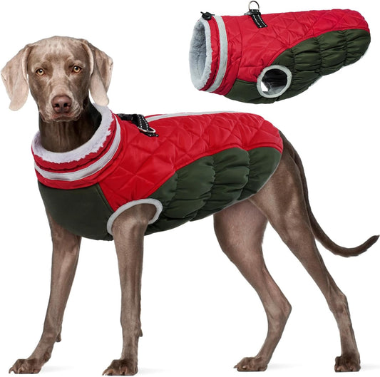 FUAMEY Dog Coat for Large Dogs,Waterproof Dog Winter Jacket with Harness Built in Puppy Cold Weather Coats Reflective Pet Vest with Zipper Warm Fleece Dogs Snowsuit Windproof Christmas XXXL