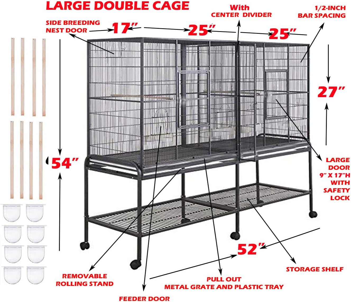 Large Double Birdhouse Treehouse Bird Flight Center Divider Cage with Side Breeding Nest Doors Removable Rolling Stand