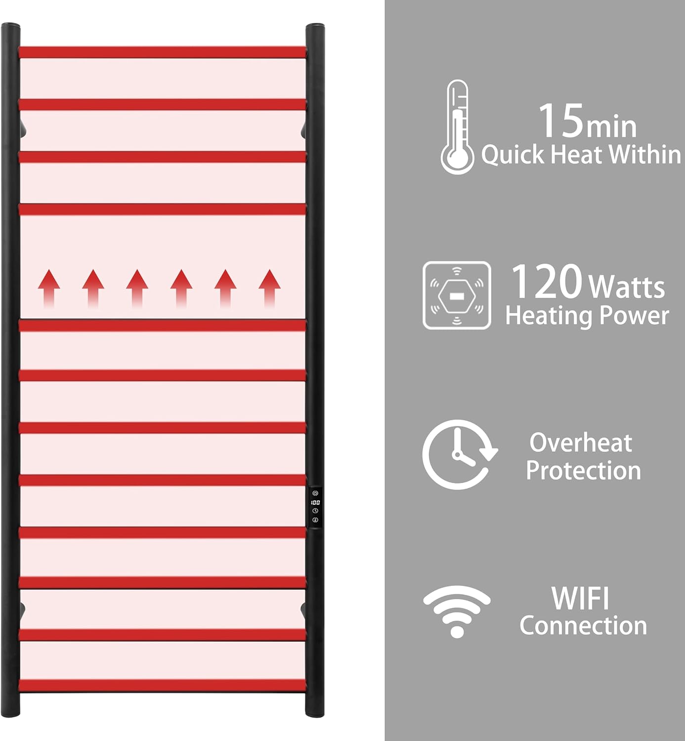 KEG Smart WiFi Towel Warmer Wall Mounted with Built-in Timer and Temperature Adjust Control, 12 Bars Electric Stainless Steel Heated Towel Racks for Bathroom Black