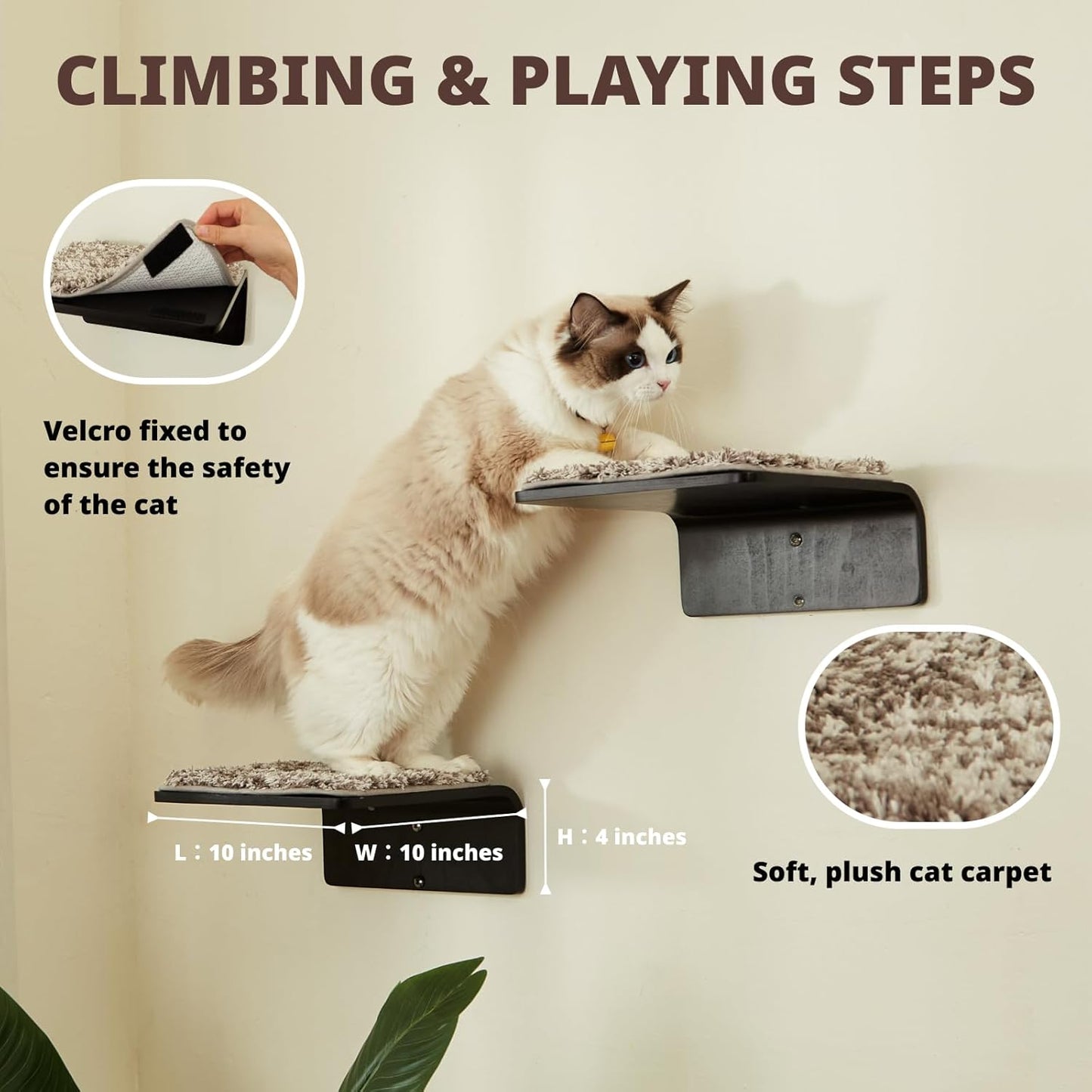 2 Set Cat Wall Steps - Wooden Cat Climbing Shelf for Wall - Cats Wall Stairs with Scratching Mat - Wall Mounted Cats Furniture for Jumping, Playing, and Lounging, Walnut